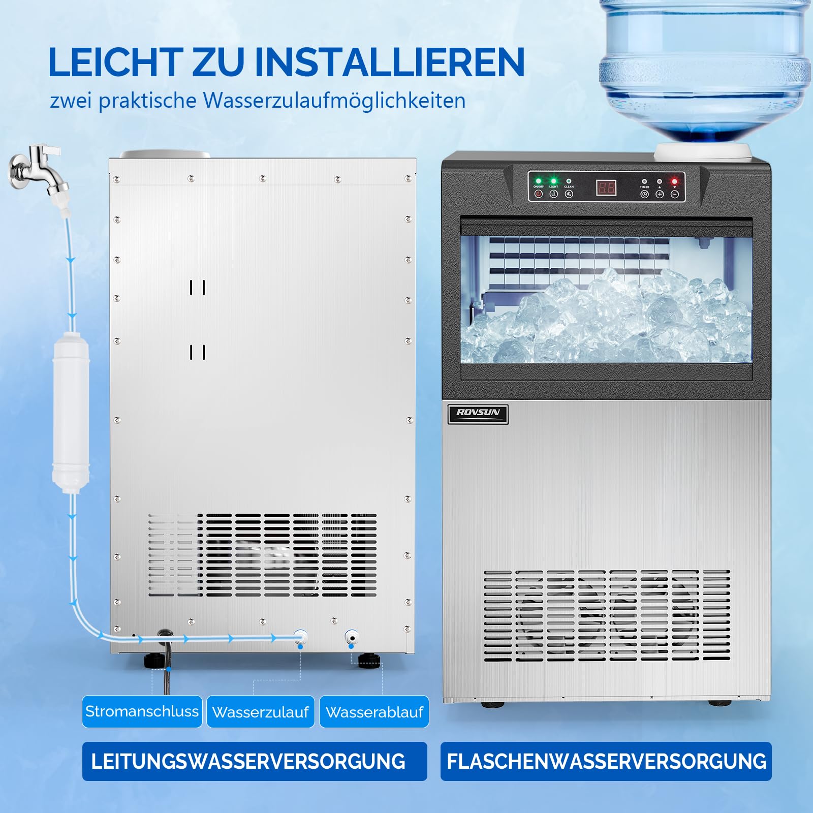 ROVSUN Gewerbliche Eiswürfelmaschine 50 kg/24H Kommerzielle Eismaschine mit Kompressor 50 Stück/14 Min. 23 kg Eislagerkapazität, Eiswürfelbereiter 24H-Timer, LCD-Anzeige, Selbstreinigung
