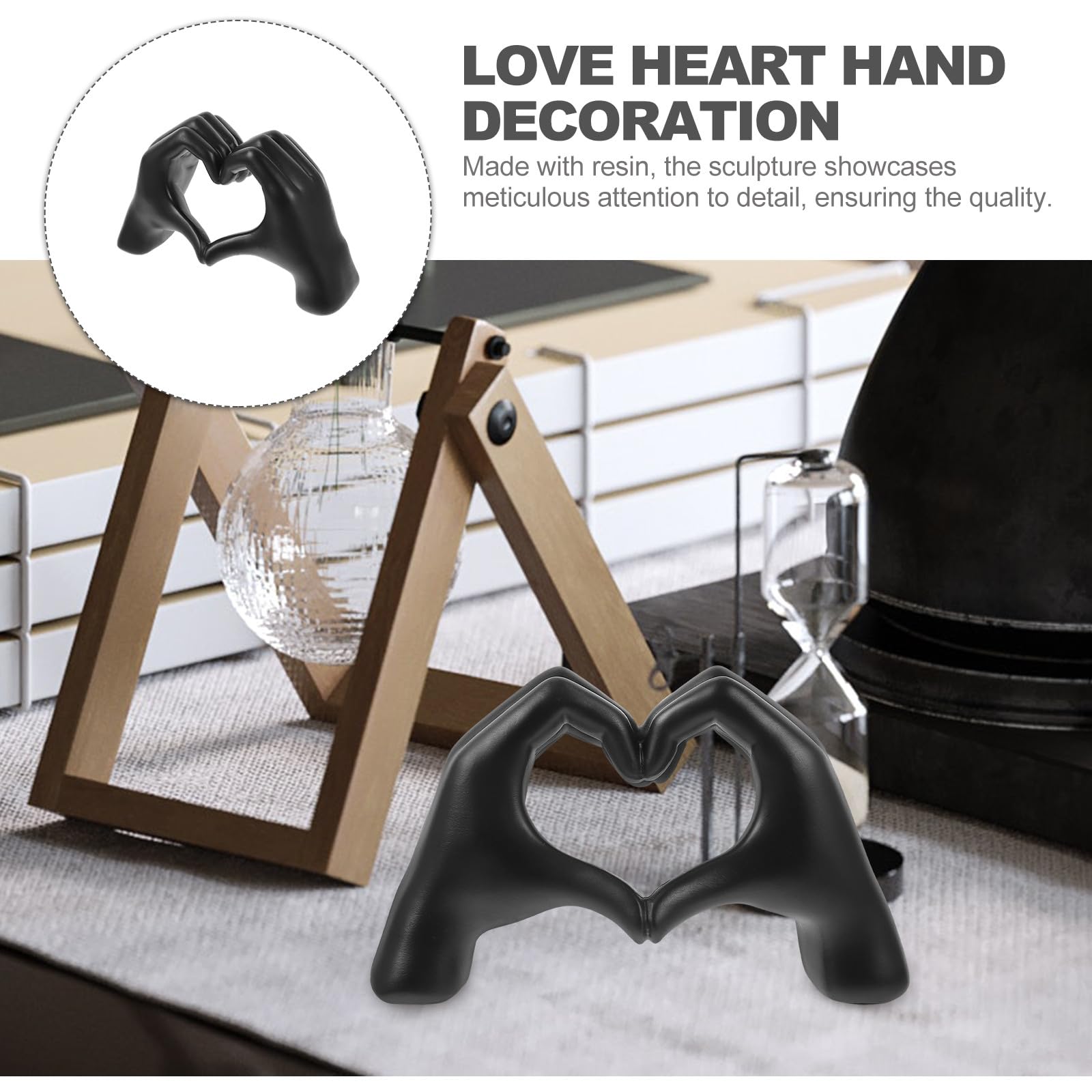 GANAZONO Scultura da Tavolo a Forma di Cuore Gesto della Mano in Resina Nera, Resistente e Robusta, Decorazione Elegante per Interni e Scrivania