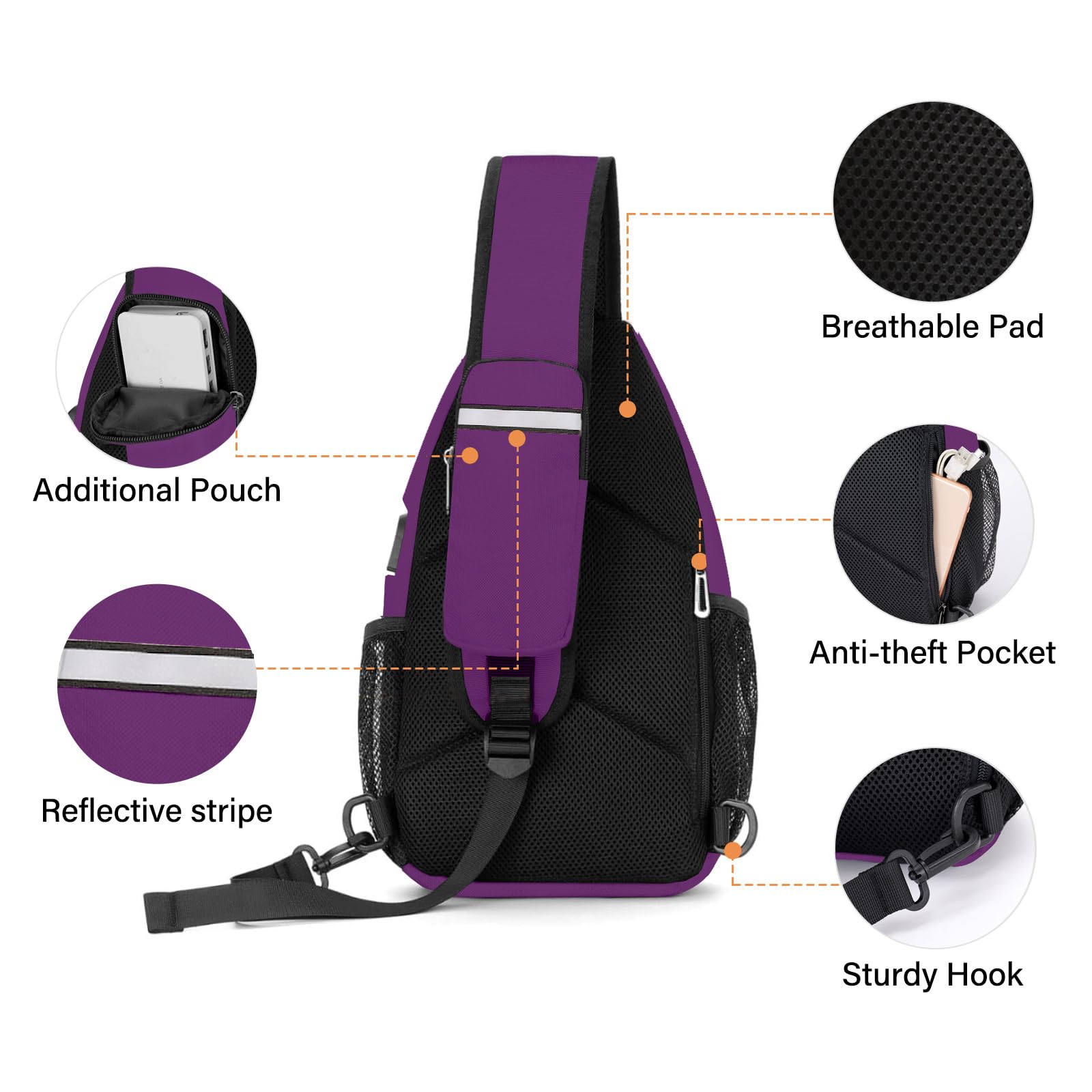 MOSISO Sling Backpack Bag, Crossbody Shoulder Backpack Travel Hiking Daypack Chest Bag with Front Square Pocket&USB Charging Port, Plum - Image 4