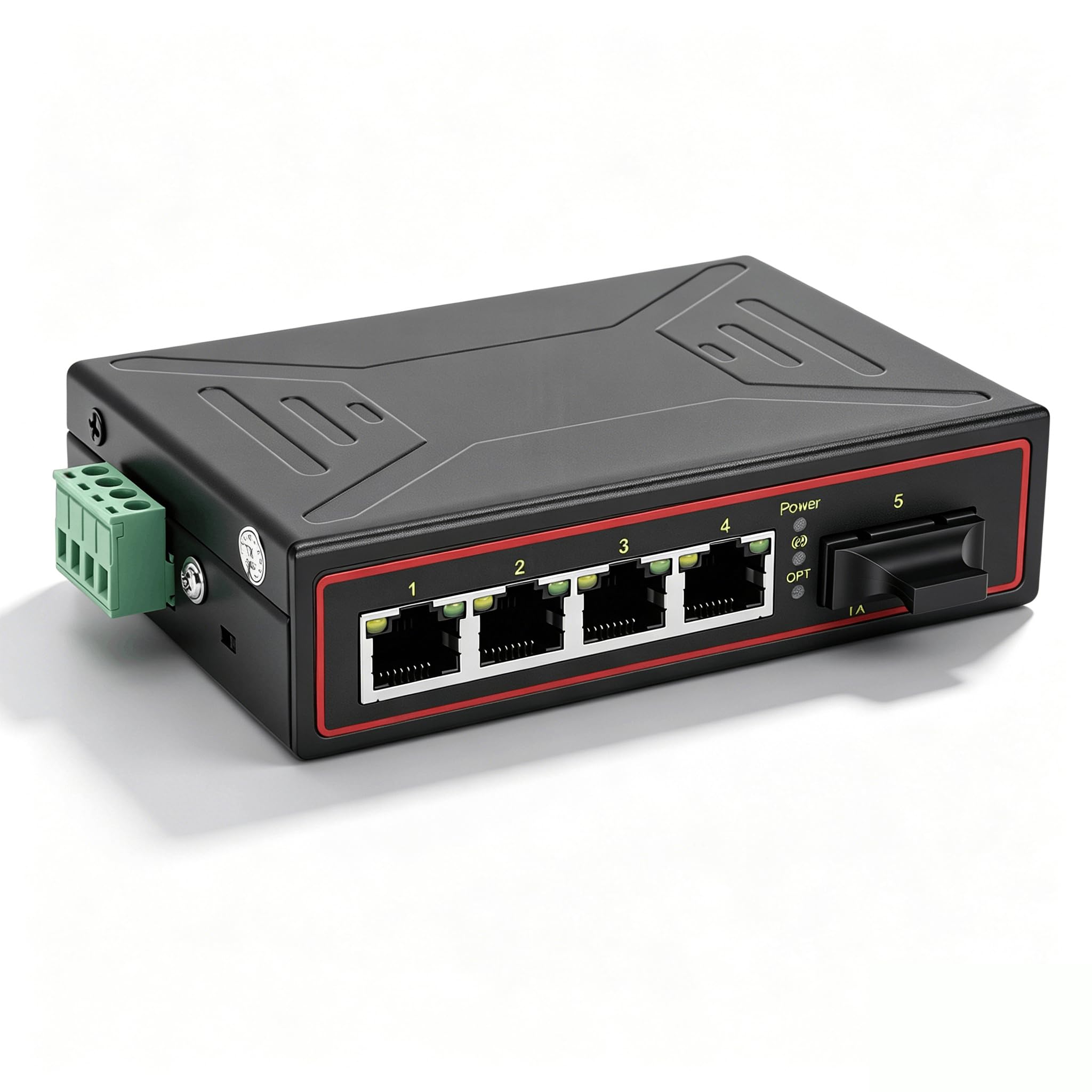 Sxhlseller Przemysłowy Przełącznik Gigabitowy, Przemysłowy Konwerter Mediów Ethernet z 4 Portami RJ45 i 1 Portem SFP, montaż na Metalowej Szynie DIN, do Sieci Pracujących w Ekstremalnych