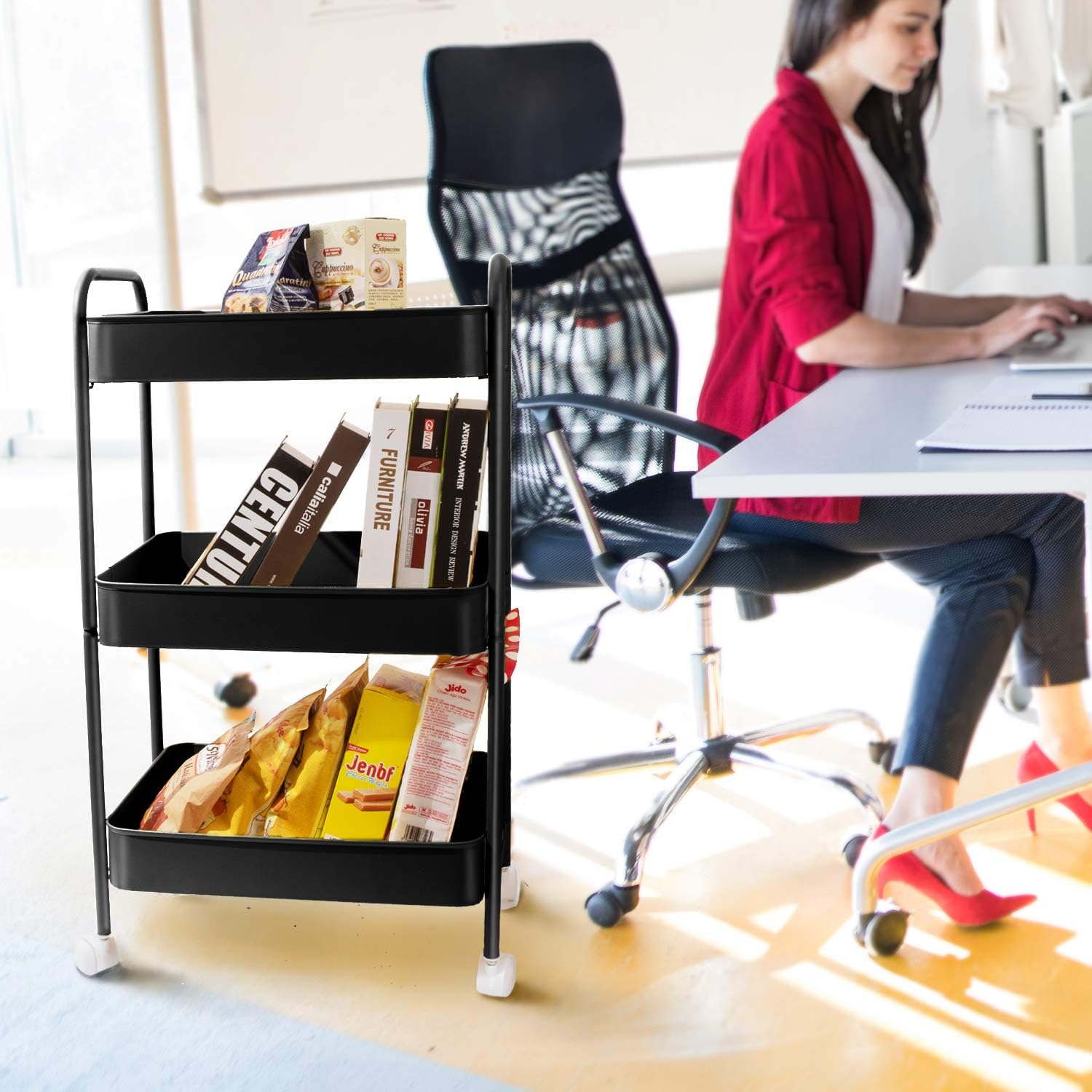 3 Tier Rolling Utility Cart, No Screw Metal Storage Cart, Kitchen Storage Organizer Cart, Easy Assemble Utility Serving Cart with Wheels and Hooks for Office, Kitchen, Bedroom (Black)