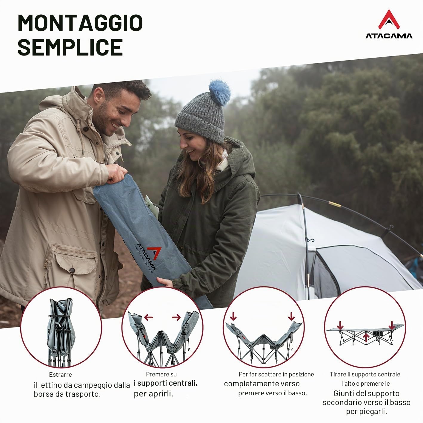 Atacama Lettino da campeggio pieghevole - lettino camping ultraleggero - Lettino ideale per avventure all'aperto, lettino carpfishing - letto da campeggio XXL comodo, portatile lettino da campeggio