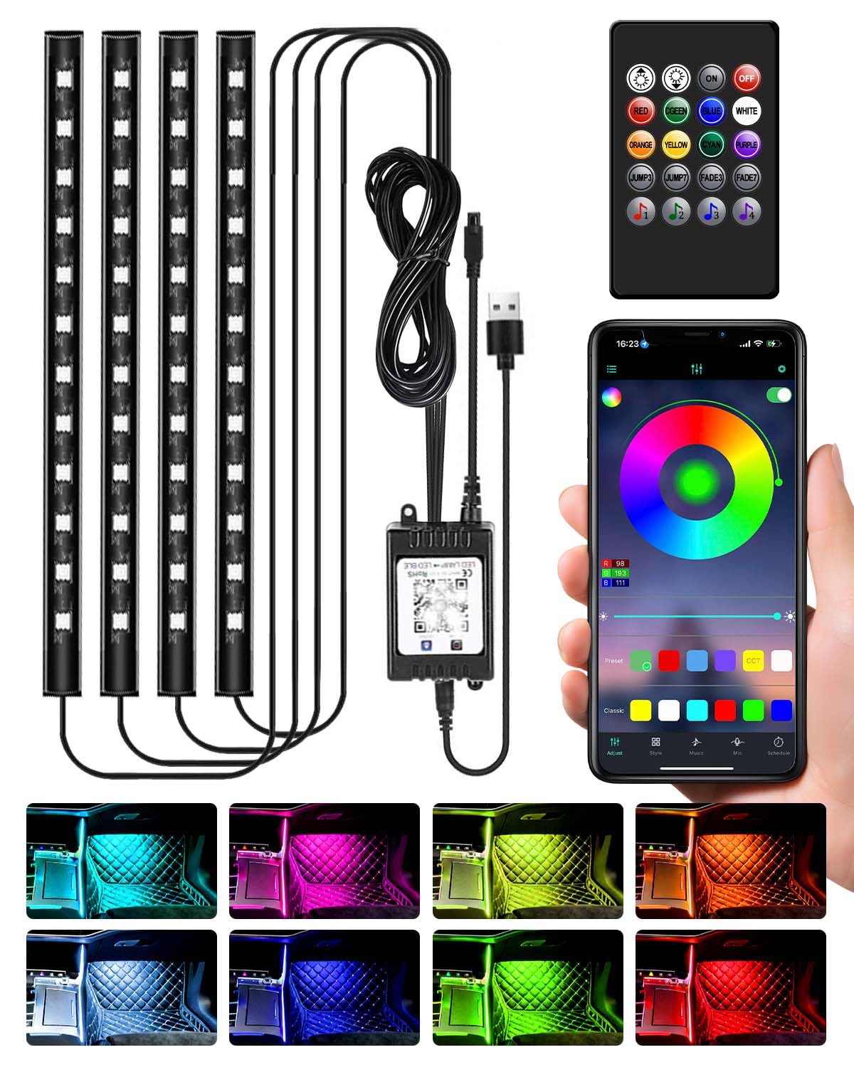 Car LED Lights Interior, Underglow Kit for Car with 4 Strips 48 LEDs, Remote & APP Control, RGB Neon Accent Car Interior Lights with Music Sync, Multi-Color Modes, DC 12V Gift for Men & Husband