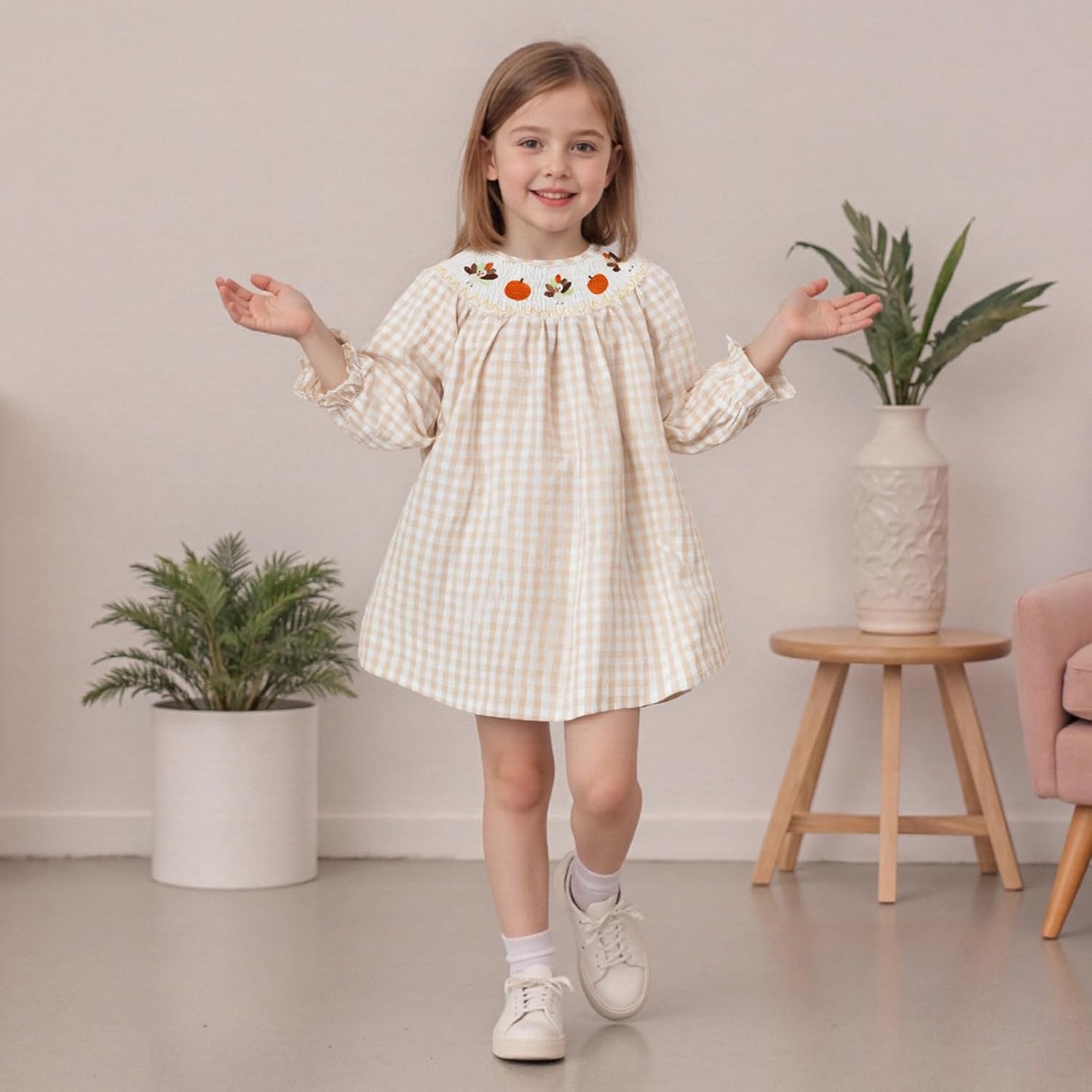 Toddler Baby Girl Valentines Dress Plaid Long Sleeve Smocked Heart Print Outfit A-line Fall Dresses for Kids 6M-7Y