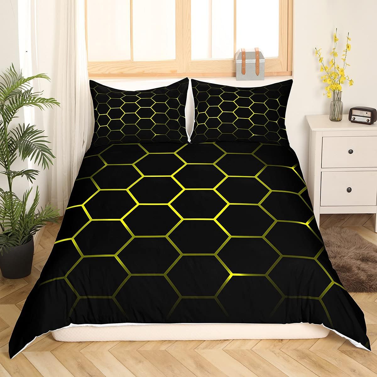 Yellow and Black Print Duvet Cover Hexagonal Bedding Set Kids Boys Teens Honeycomb Decor Comforter Cover Beehive Simplistic Geometric Monochrome Bedspread Cover Bedroom Collection 3Pcs Queen Size