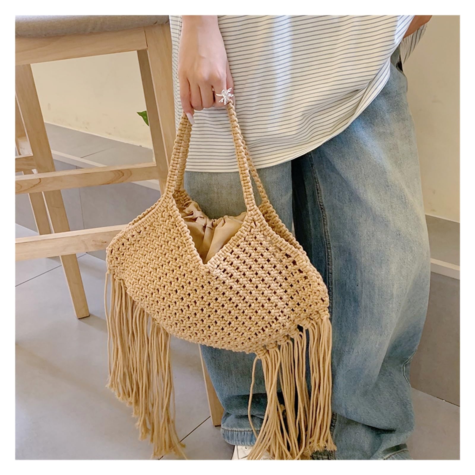 bolso mujer verano Bolso de playa for mujer estilo bohemio con borlas tejidas y hombro diseño calado