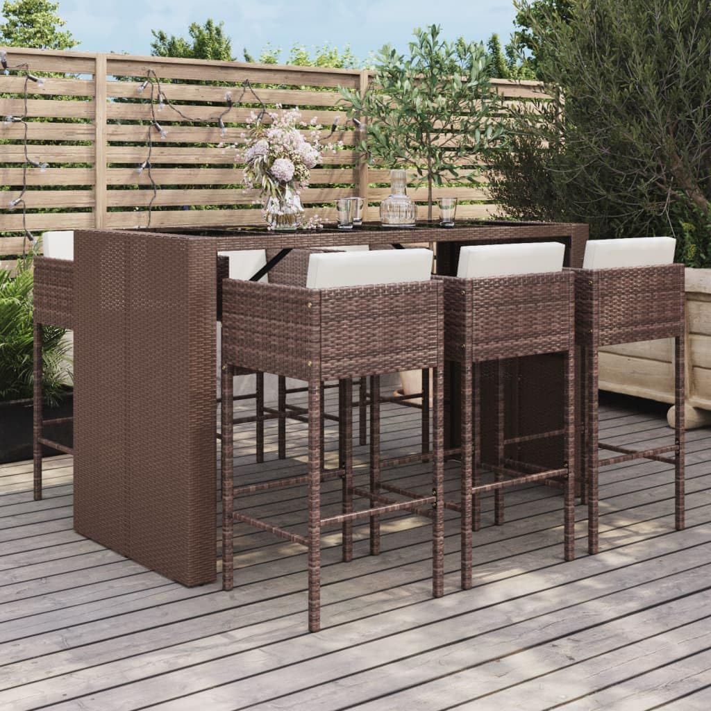 7-Piece Garden Bar Set Brown Poly Rattan with Cushions, Bar Table and 6 Bar Stools, Weatherproof for Outdoor Patio Dining Room Furniture