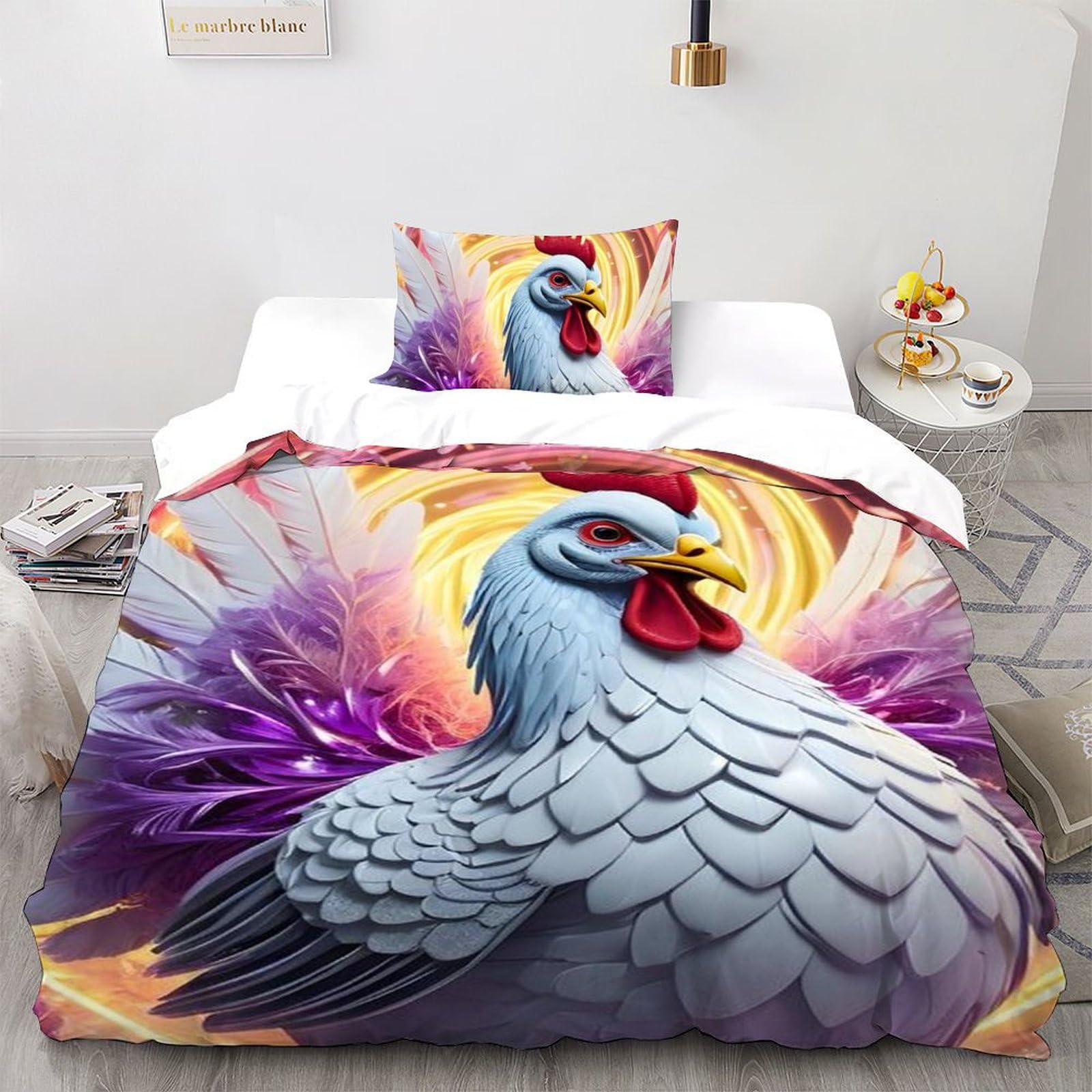 Housse de couette coq imprimé 3D avec fermeture éclair pratique