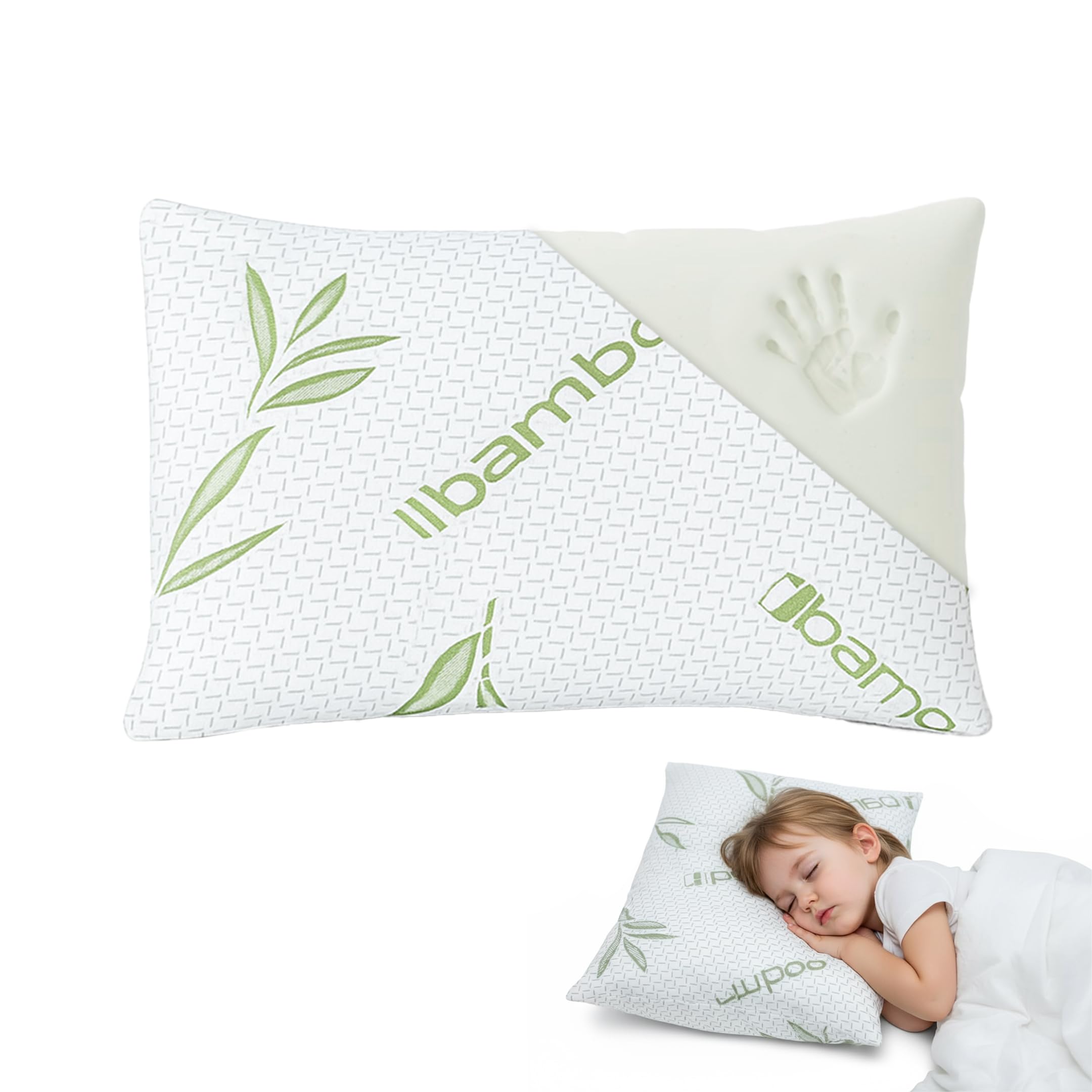 EGYPTO Luxurious Bamboo Memory Foam Toddler Pillow - Hypoallergic & Breathable Baby pillow - Ergonomic Shaped Cot Bed Pillow with Eco-Friendly Removeable Cover (25cm x 40cm)