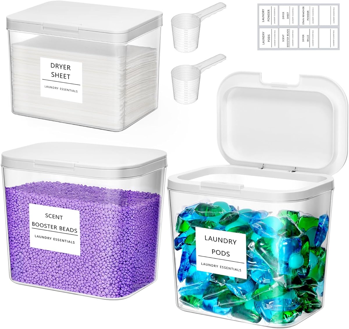 Lifewit 2+1 Laundry Pods Container & Dryer Sheet Holder, Large Powder Detergent Dispenser Storage Jars, Laundry Room Containers for Scent Booster Beads with Pop up Lids, Labels and Scoop