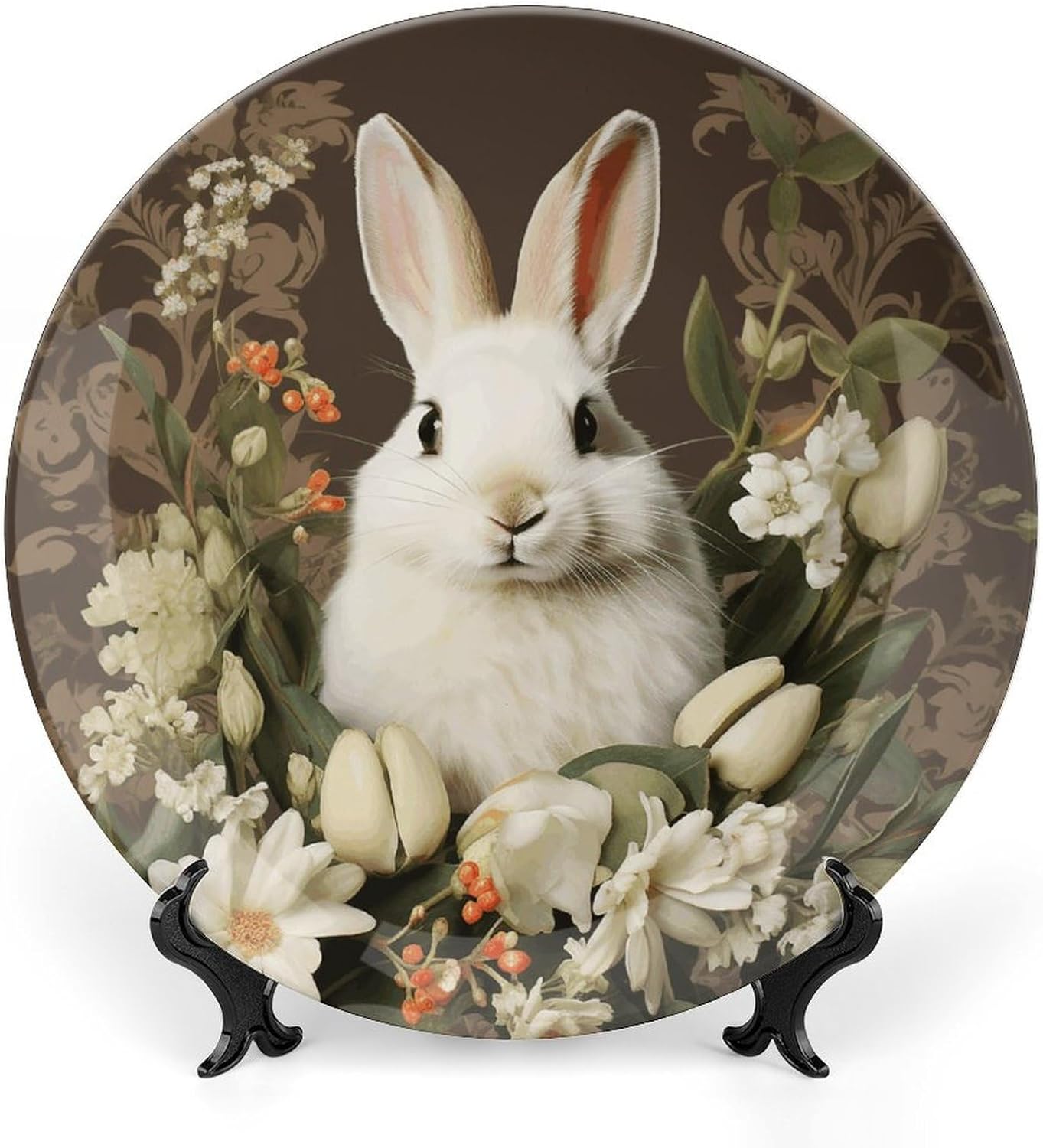 A Beautiful White Rabbit Ceramic Plate 10inch Decorative Bone China Wall Hanging Ornament Plates Bohemian Style Dinner Plate with Display Stand Cabinet Display Plates for Home Art Decor