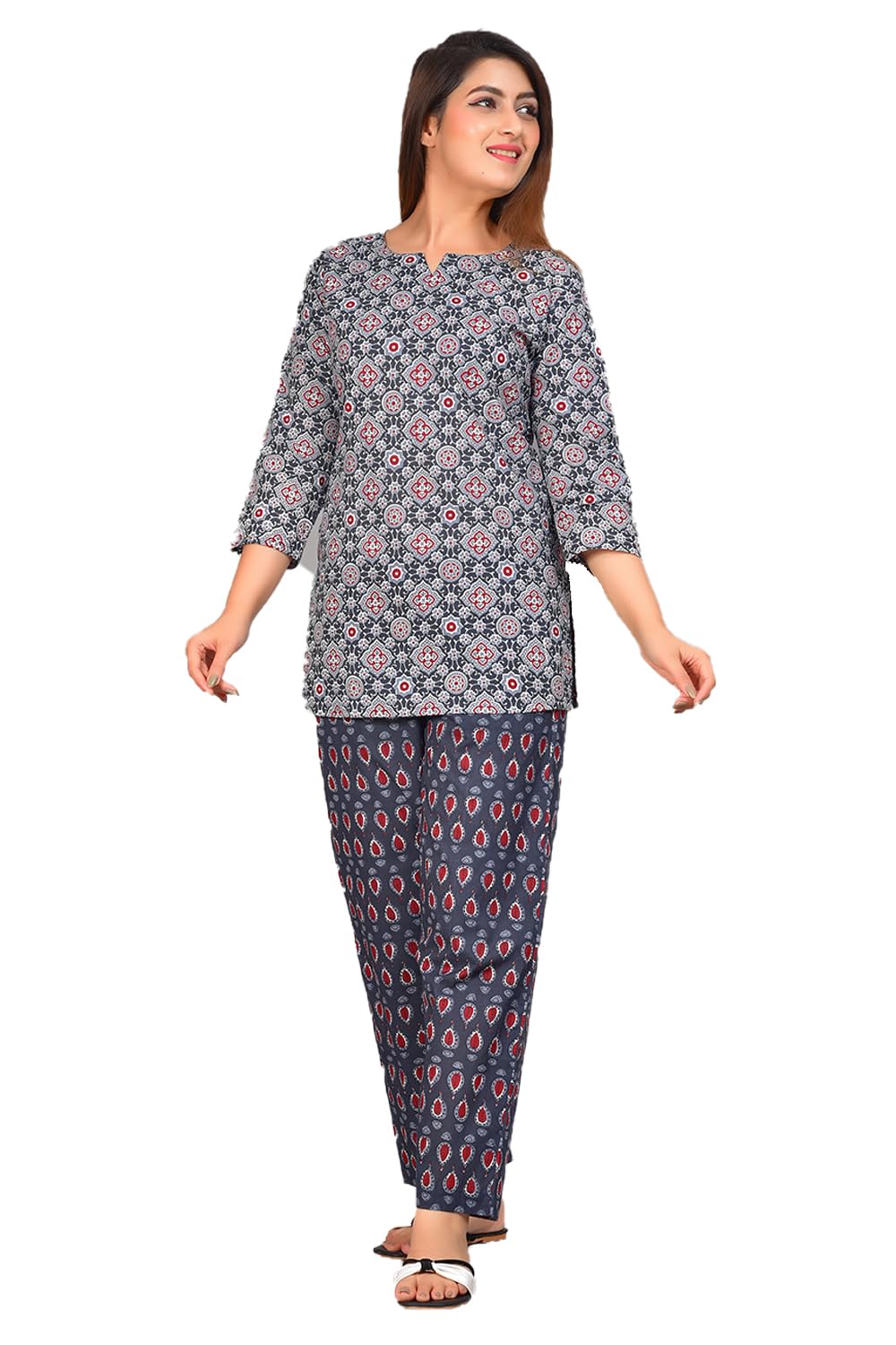 monique Brand Women's Cotton Printed 3/4 Sleeve Above The Knee Night Suit Set Of Top & Pajama Pant Dark Grey-picture-49