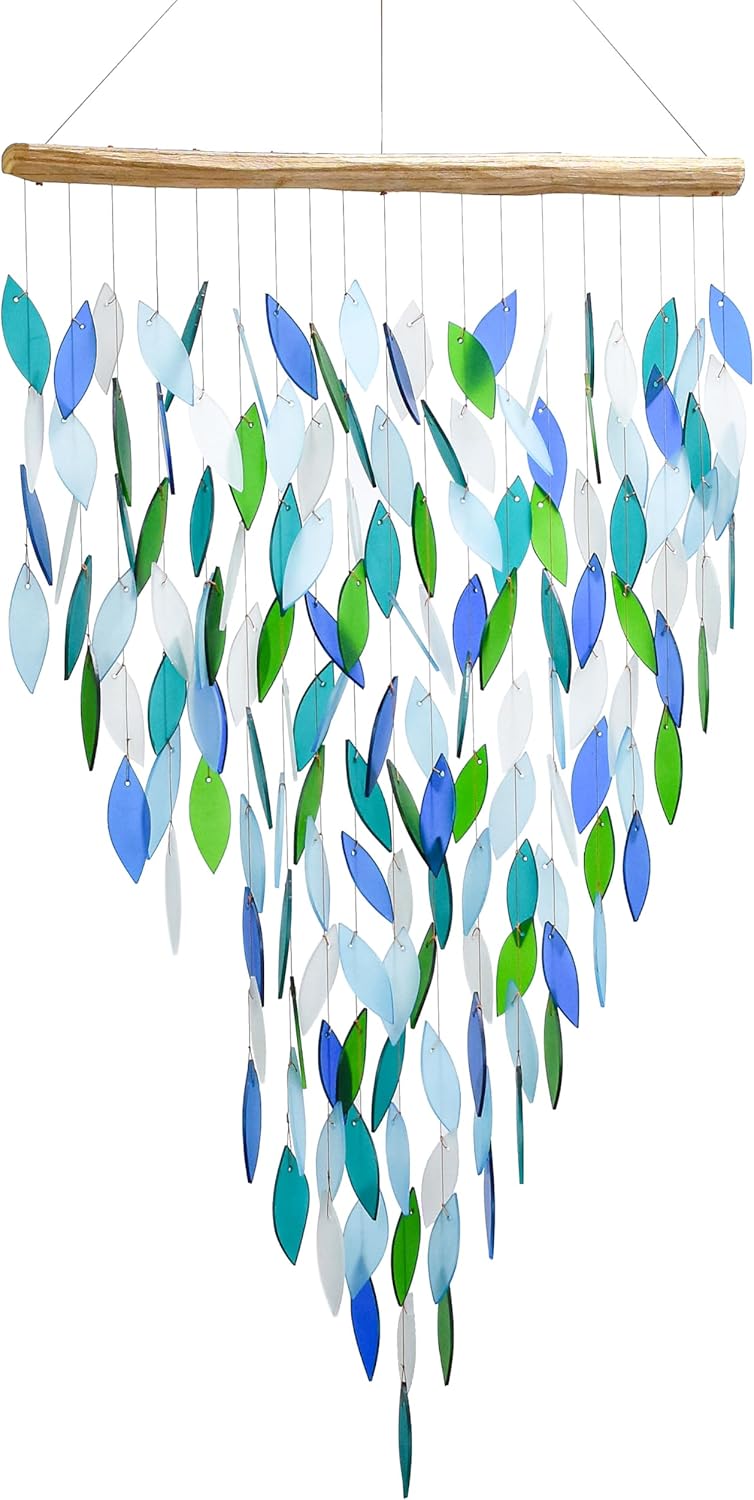 Blue Handworks Premiere Ocean Waterfall & Driftwood Chime, Sandblasted Glass and Found Wood Handcrafted Wind Chime