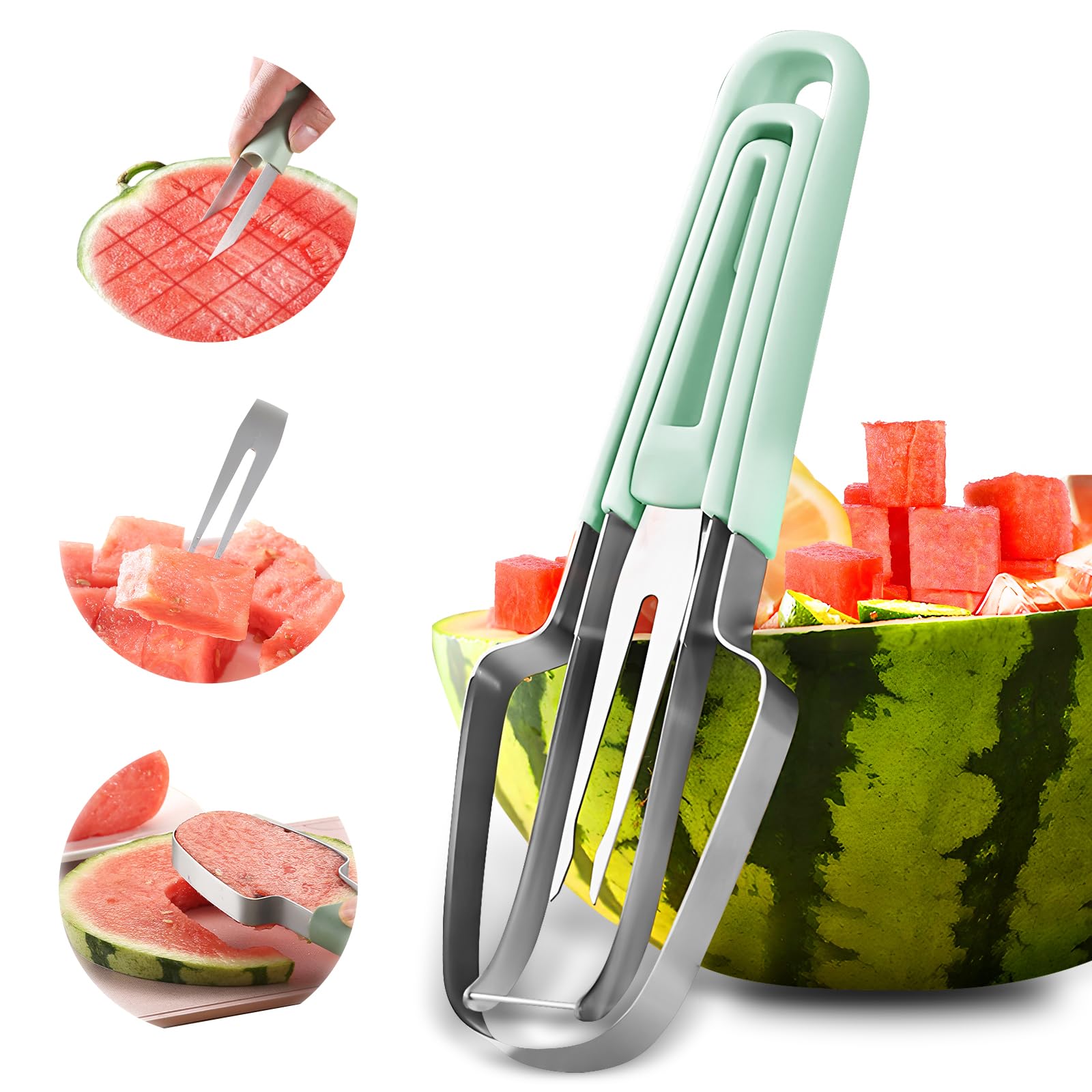 Watermelon Cutter - 3-in-1 Fork Slicer & Popsicle Maker, Multi Melon Cutter for Camping & Kitchen (Green)