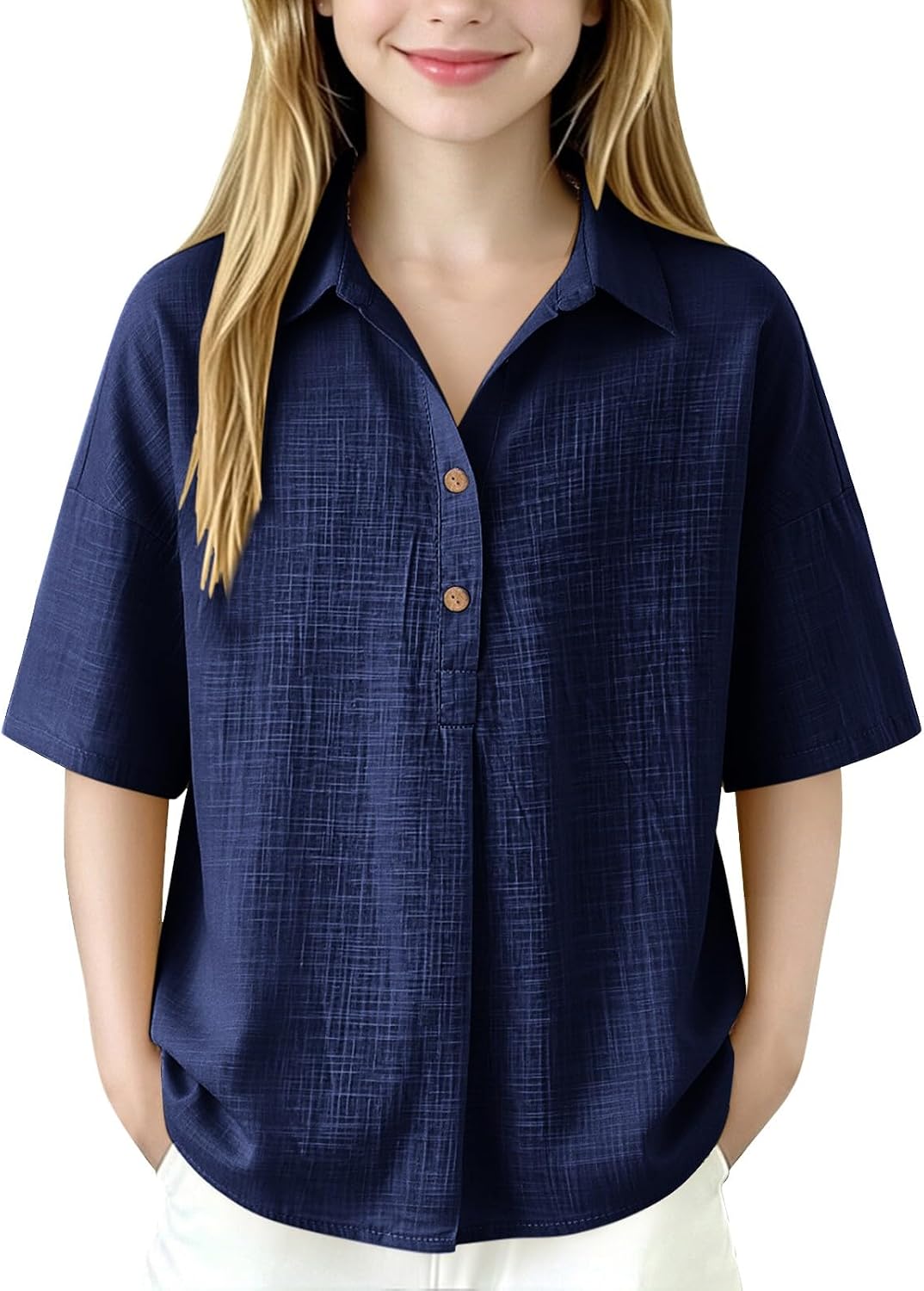 Cotton Linen Tops for Girls Button Down V Neck Half Sleeve Shirts Summer Casual Loose Fit Formal Blouses Beach Vacation