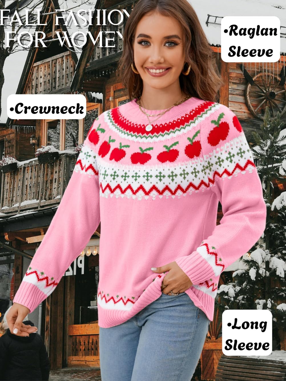 Fairisle Sweater,Crewneck Patterned Sweaters for Women,Vintage Christmas Thanksgiving Knit Tops - Image 5