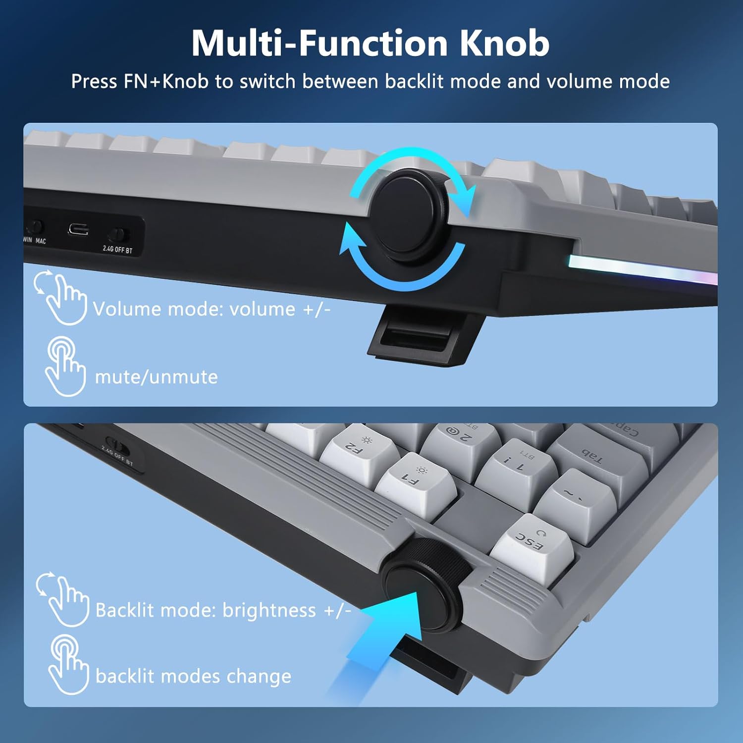 Redragon Wireless Mechanical Keyboard Creamy, Bluetooth/2.4GHz/USB-C Wired, 75% Hot Swappable Custom Gaming Keyboard with Knob, RGB Backlit, Pre-lubed Linear Switches, PBT Keycaps, Gray