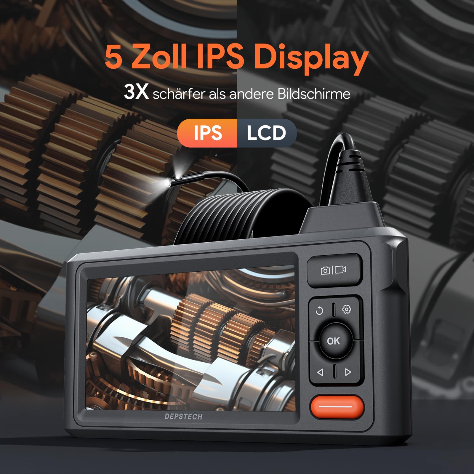 Endoskopkamera mit Licht, DEPSTECH 1080P Dual Lens Endoskop 5,0 Zoll IPS Bildschirm Inspektionskamera IP67 Wasserdicht 5m Schlangenkamera, Industrie Endoskop Rohrkamera Kanalkamera 5M