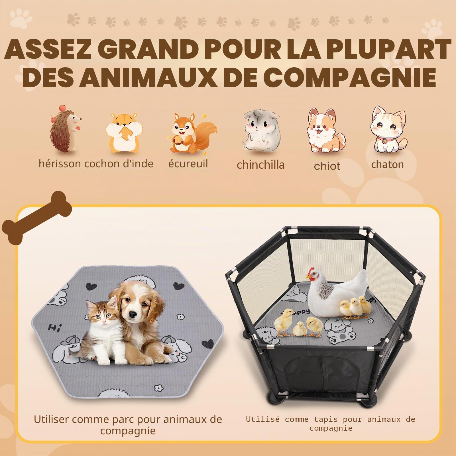 Caisse hexagonale pour chiots extra hauts, parc + coussin pour chiots de grande et petite race, accessoires indispensables pour chiens, chiots, 122 x 65 cm, noir