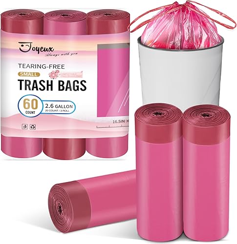 JOYEUX Bolsas de basura pequeñas de 2.6 galones para baño, mini bolsas de basura con cordón grueso para el hogar, oficina, cocina, 60 unidades
