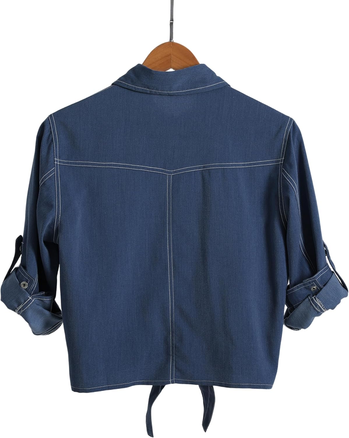 AMEBELLE Women's Roll Up 3/4 Sleeve Tie Front Knot Shirt Chambray Denim Crop Top - Image 4