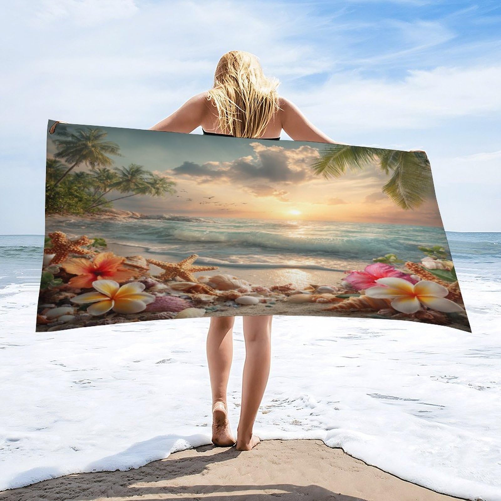 Luyysky Fantasy Abstract Sunset Waves Absorbent Beach Towel, Retro Oil Painting Plant Palm Tree Ocean Animal Starfish Shells Outdoor Single-Sided Velvet Beach Towel-80 W Cm X 160" L Cm