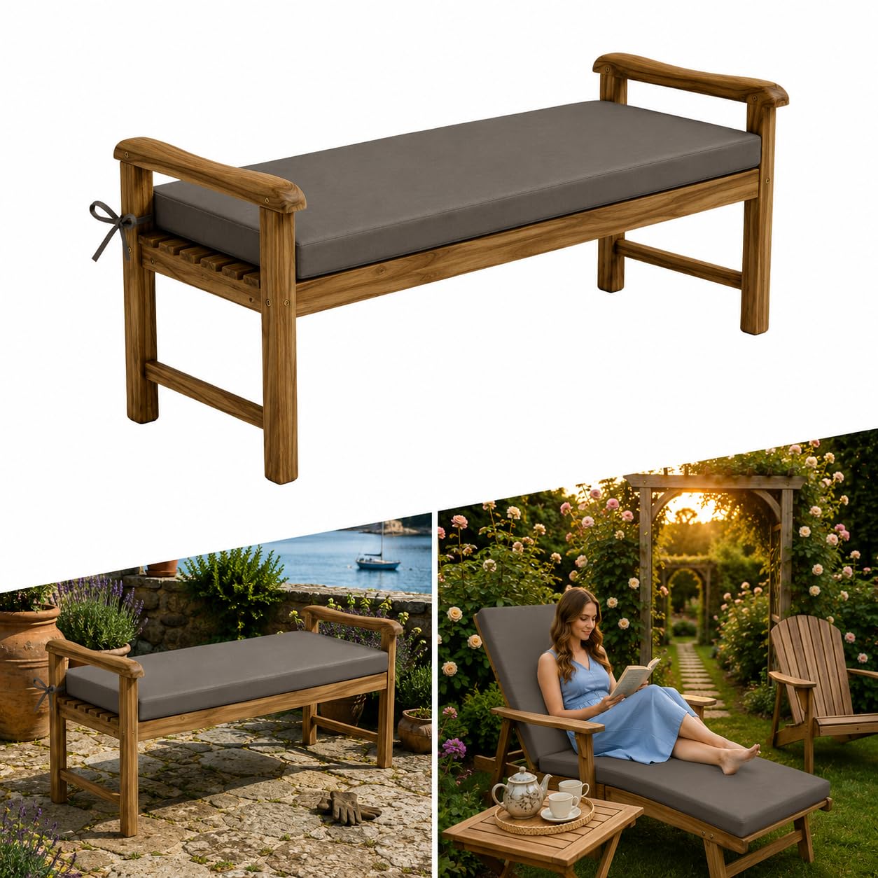 AZMAHT Waterproof Garden Bench Cushion Outdoor Furniture Cushions 2 3 4 Seater Garden Cushions 5cm Thick Bench Seat Pad with Straps & Removable Cover for Patio Swing Seat Sofa,gray,60x30x5cm