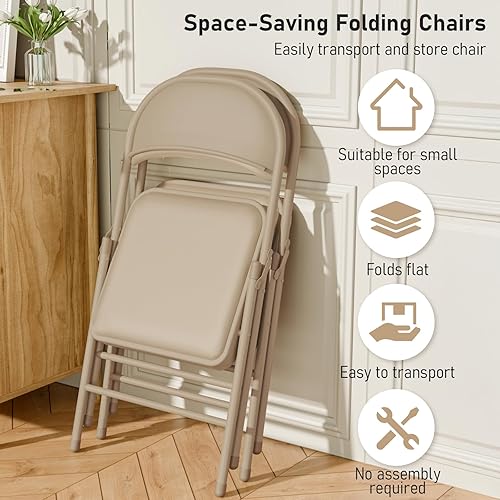Miniatura 6 de Paquete de 4 sillas plegables color caqui con cojín acolchado y respaldo para exteriores, sillas plegables comerciales apilables portátiles con