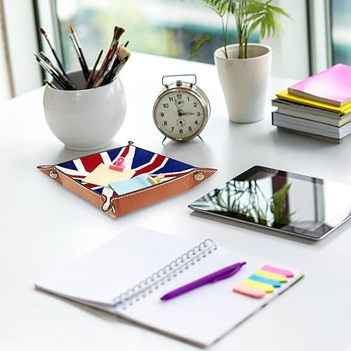 Miniatura 6 de Bandeja de valet, cuero sintético, organizador de bandeja, caja de almacenamiento para relojes, joyas, monedas, llave, bandera británica