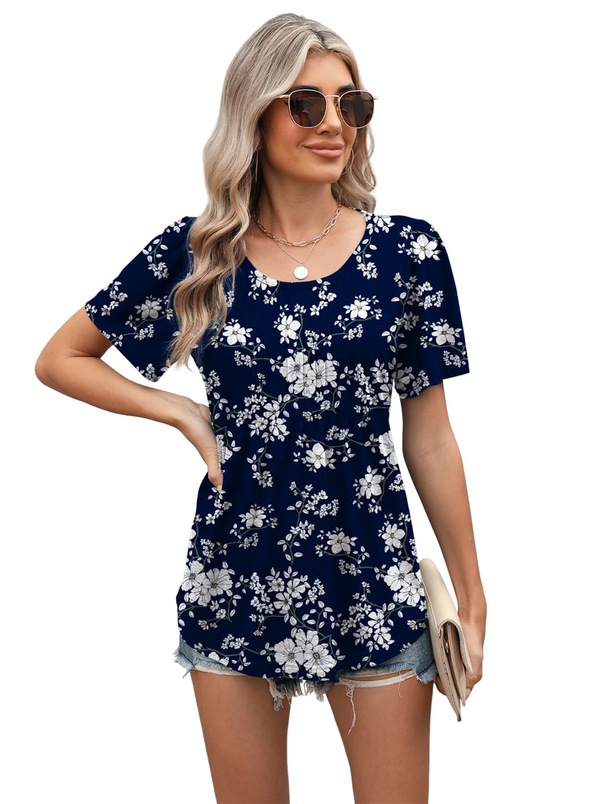 Chemisier Femme Manches Courtes Imprimé Fleuri - Blouse Fleurie Col Rond et Tunique Chic pour Été | Haut Femme Fluide pour Campus et Bureau