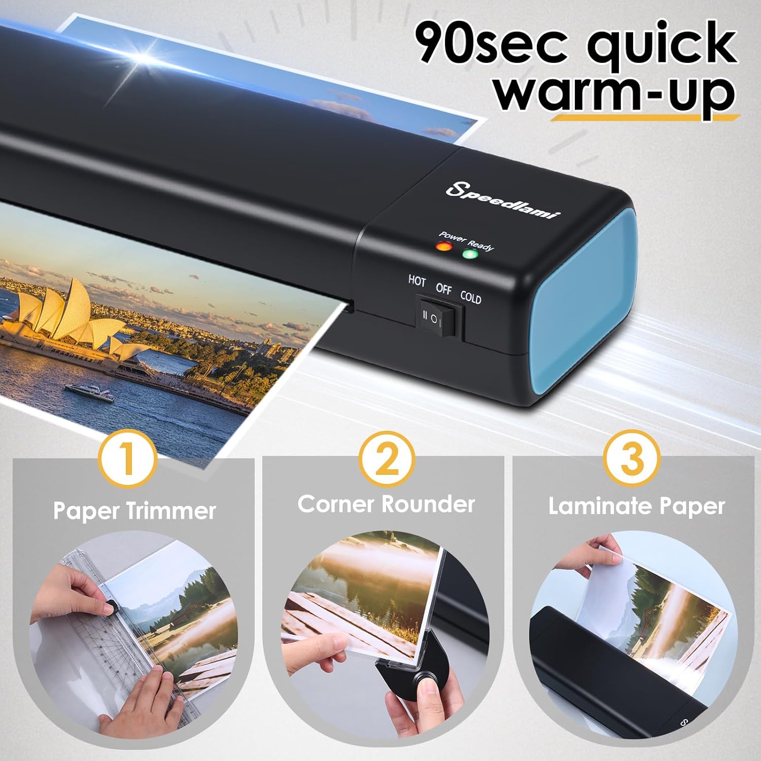 90 Seconds Fast preheat,SpeedLami 4 in 1 Laminator Machine,Home laminator,A4 Laminating Machine Hot & Cold with Paper Trimmer & Corner Rounder,9 Inch Thermal Laminator Machine for Home Office (Blue)