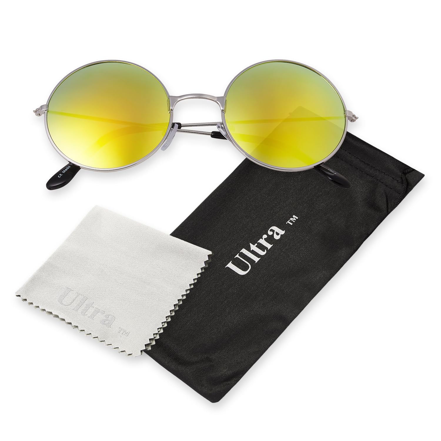 Ultra Oversized Round Retro Sunglasses UV400 - Large Circle Unisex Metal Frame with Spring Hinges, Carry Pouch & Cleaning Cloth Mens Womens Shades - Silver with Gold Lenses