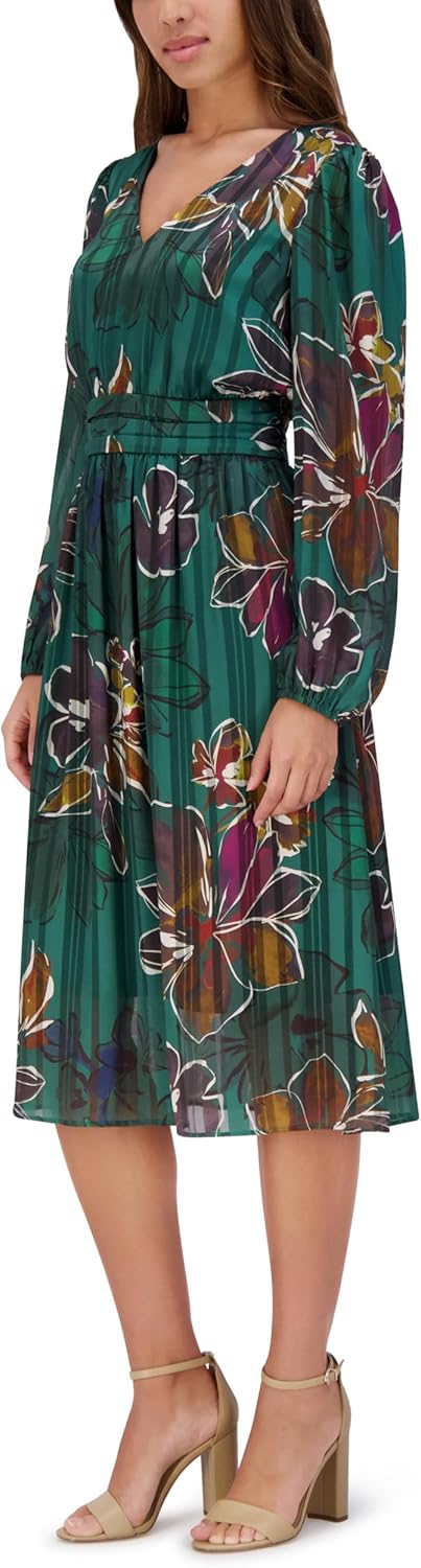 Kensie Womens Long Sleeve V-Neck Printed Striped Satin Midi Dress - Image 3