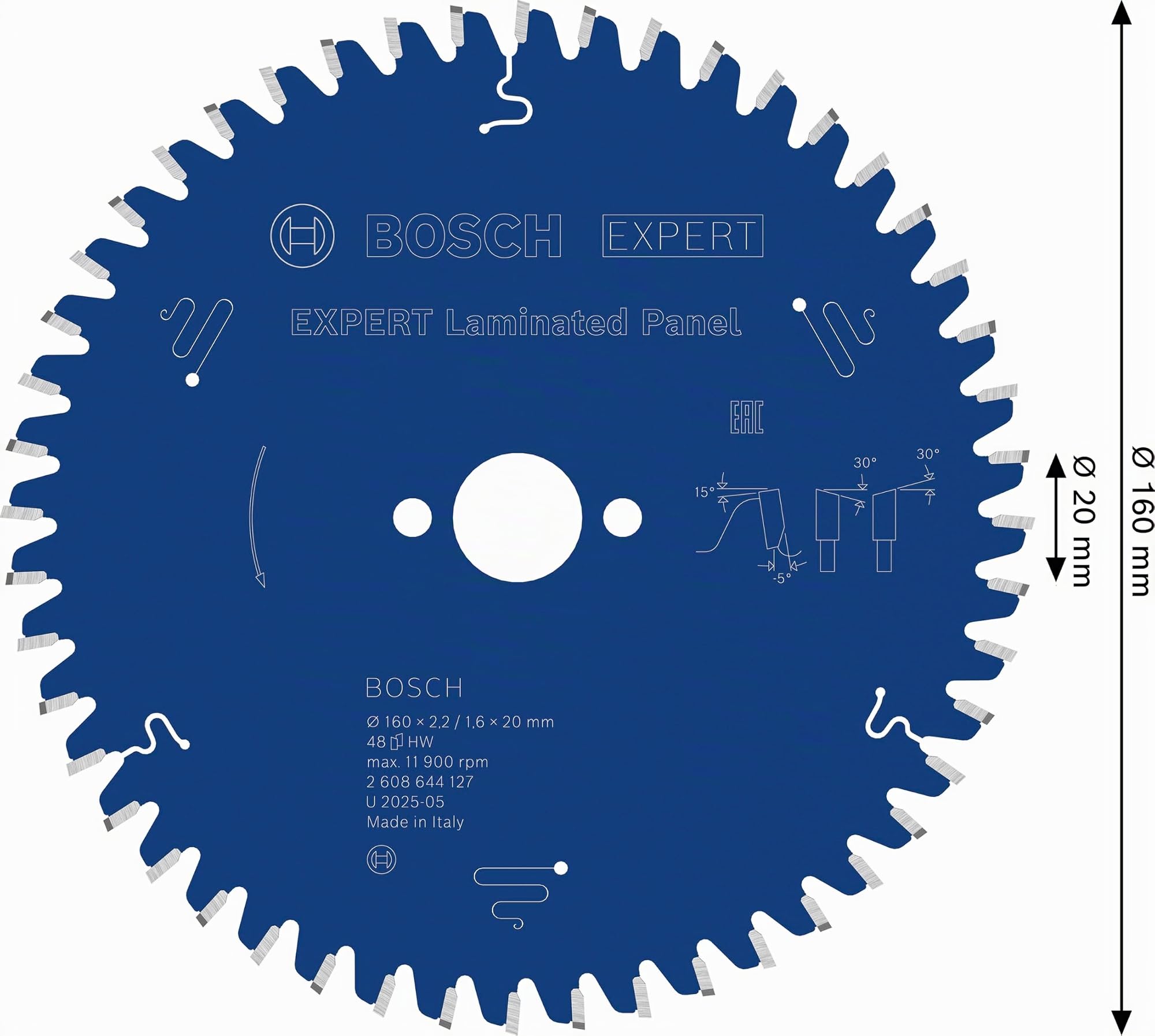 Bosch Lama per seghe circolari, per pannello laminato: 160 x 20 x 2,2 mm, 48 denti, blu