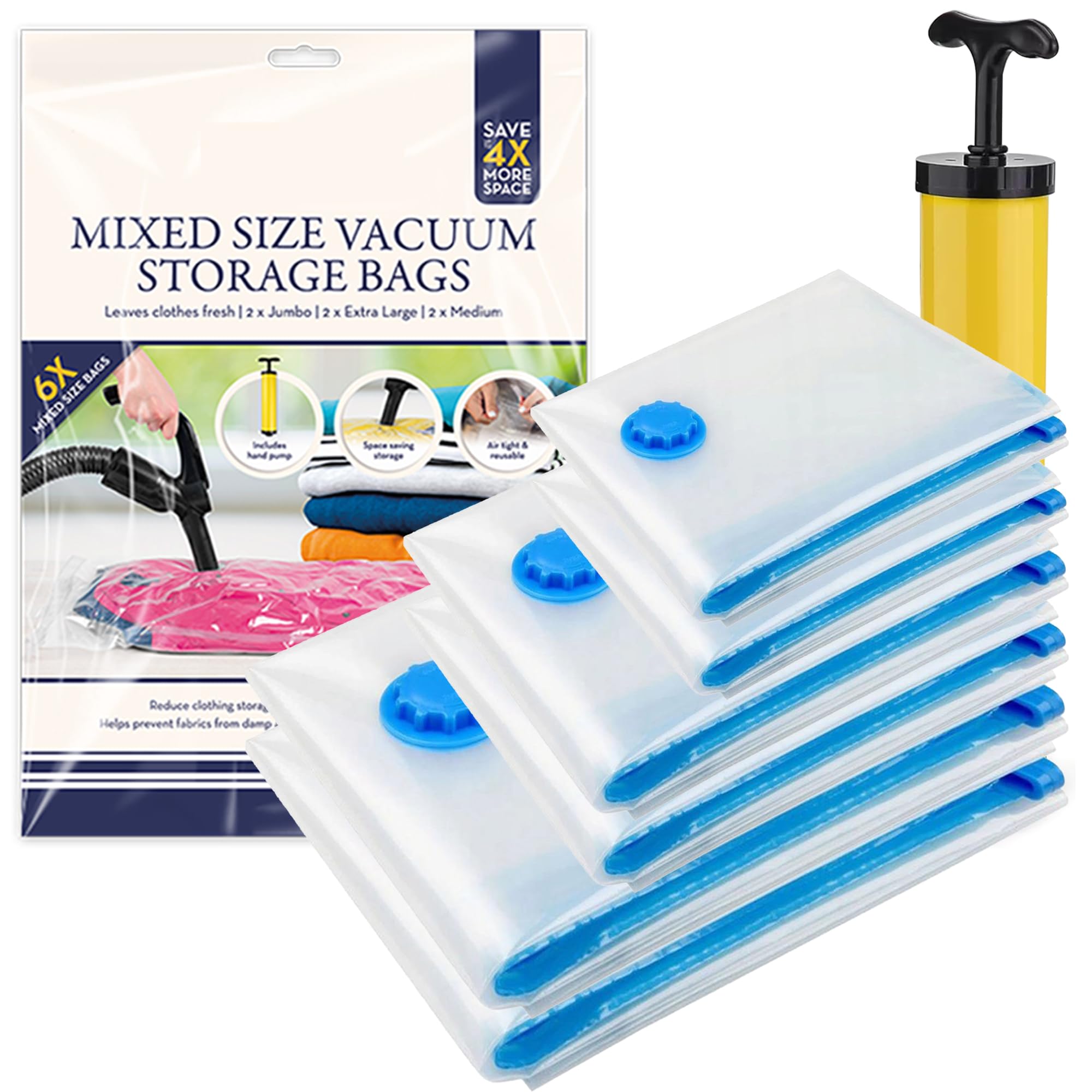 HiFEN® Vacuum Storage Bags- Pack of 6 (2 Jumbo + 2 Large + 2 Medium), Space Saver Sealer Vacuum Bags for Clothes, Pillows, Comforters, Ideal for Travel, Storage & Moving Home