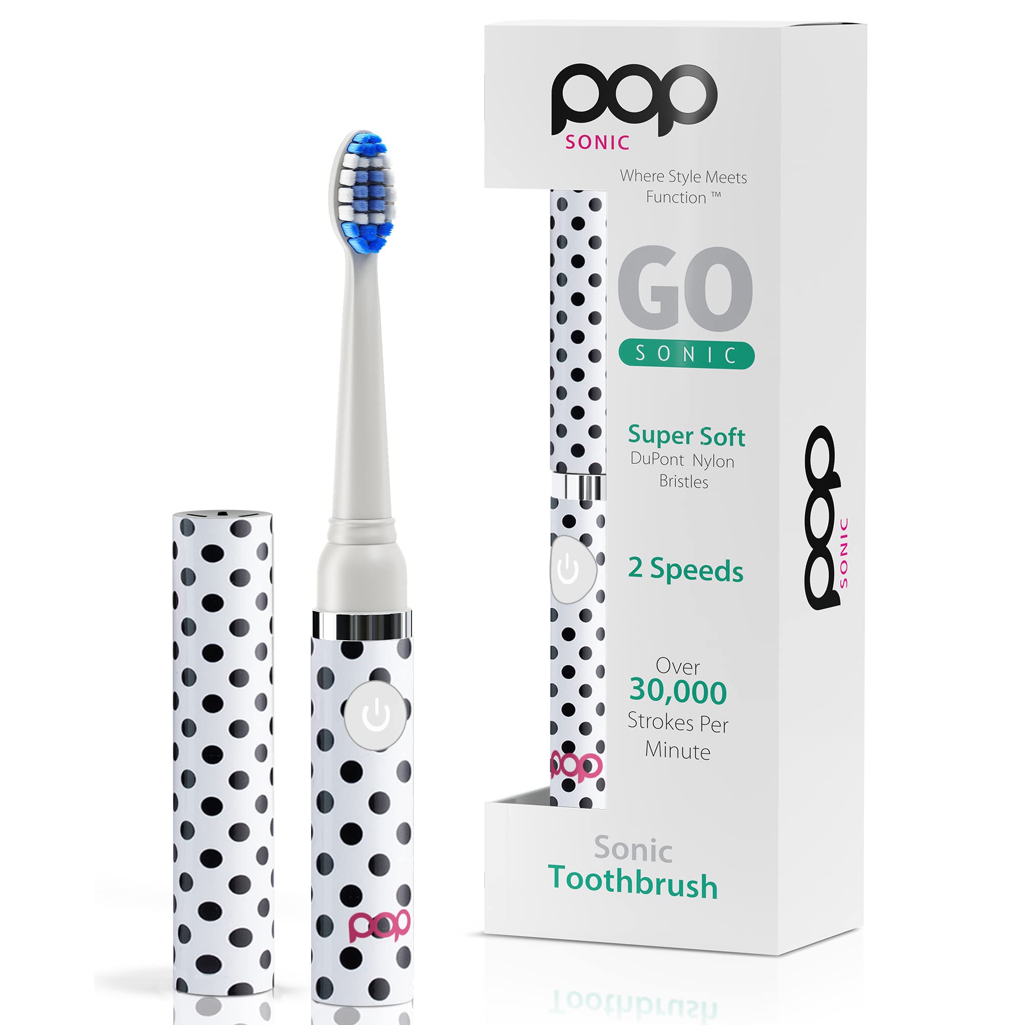 Pop Sonic Electric Toothbrush (White Dots) - Travel Toothbrushes w/AAA Battery | Kids Electric Toothbrushes with 2 Speed & 15,000-30,000 Strokes/