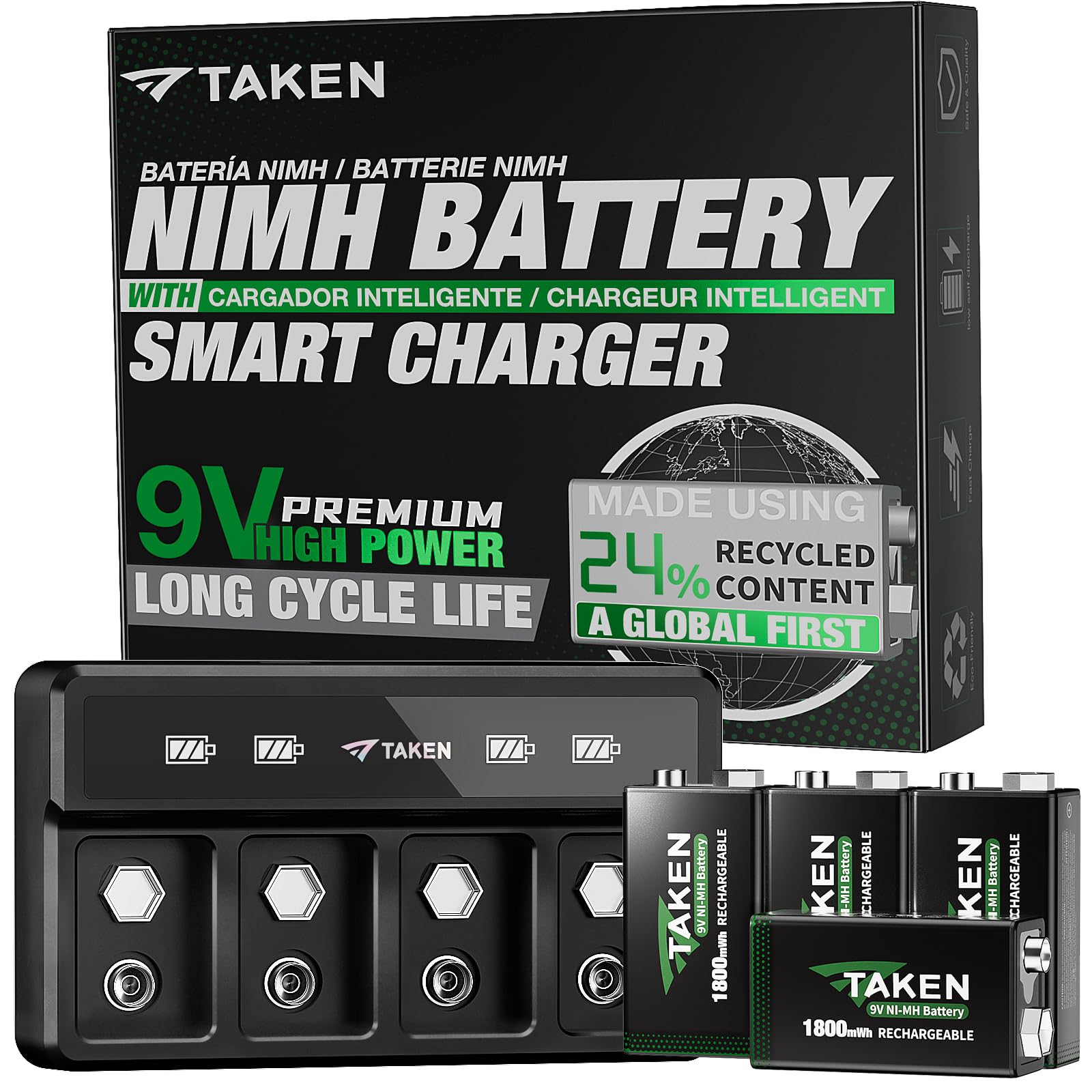 TAKEN Rechargeable 9v Batteries with Charger, High Capacity 4-Pack 1800mWh 9Volt NiMH Battery Made with 24% Recycled Content, 10 Year Shelf Life - for Smoke Alarms/CO Detectors, Electronics, and More