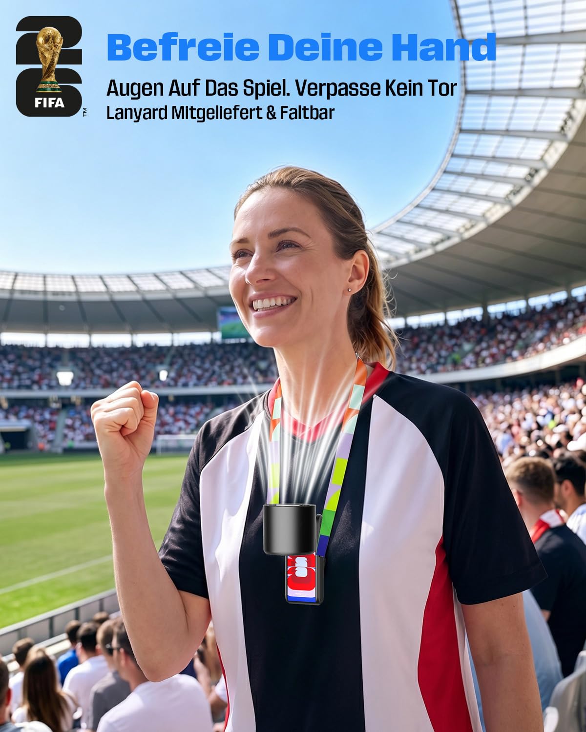 FIFA WM 2026 Handventilator Akku Aufladbar, Turbo Fan mit Kühlfunktion | 1-199 Stufenlos, 3600 mAh, 13.500 U/min, 150° Neigbar, Perfekte Geschenk für Fußballfans, Farbig | Offiziell Lizenziert