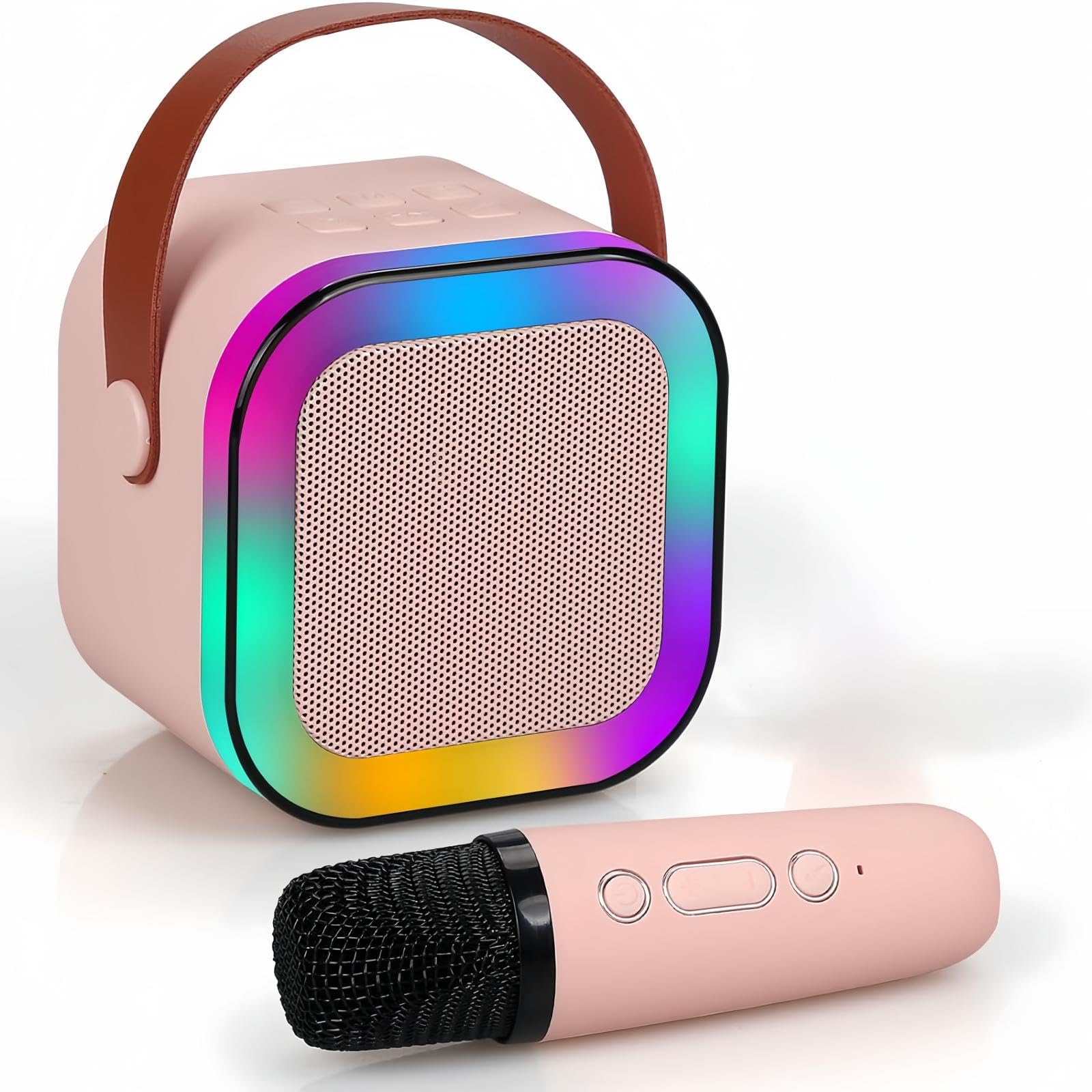 mini kids karaoke machine, portable bluetooth speaker, bluetooth microphone, multi-audio, multi-function, colorful lights, suitable for boys, girls, adults, party, family ktv (pale pink)