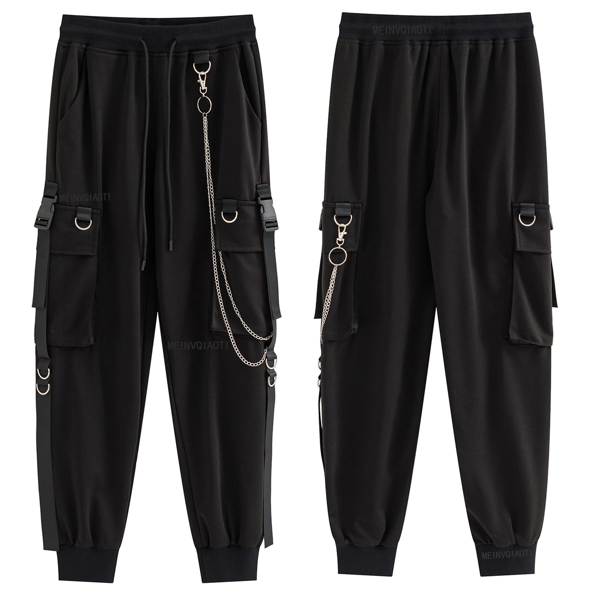 Pantalones Cargo Negros para Mujer, Techwear para Mujer, Sueltos, Estilo Street Rock, Estilo Casual, Pantalones Negros con Cadena, Pantalones góticos