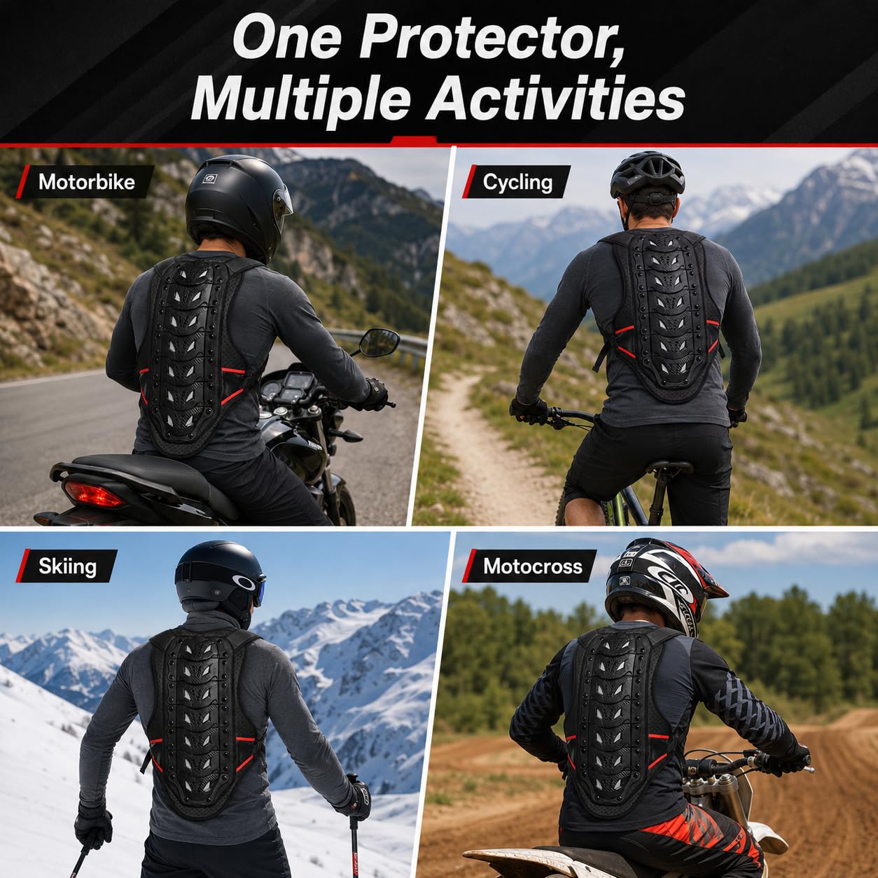 Gilet di protezione posteriore regolabile per moto, traspirante, per moto, ciclismo, sci e motocross