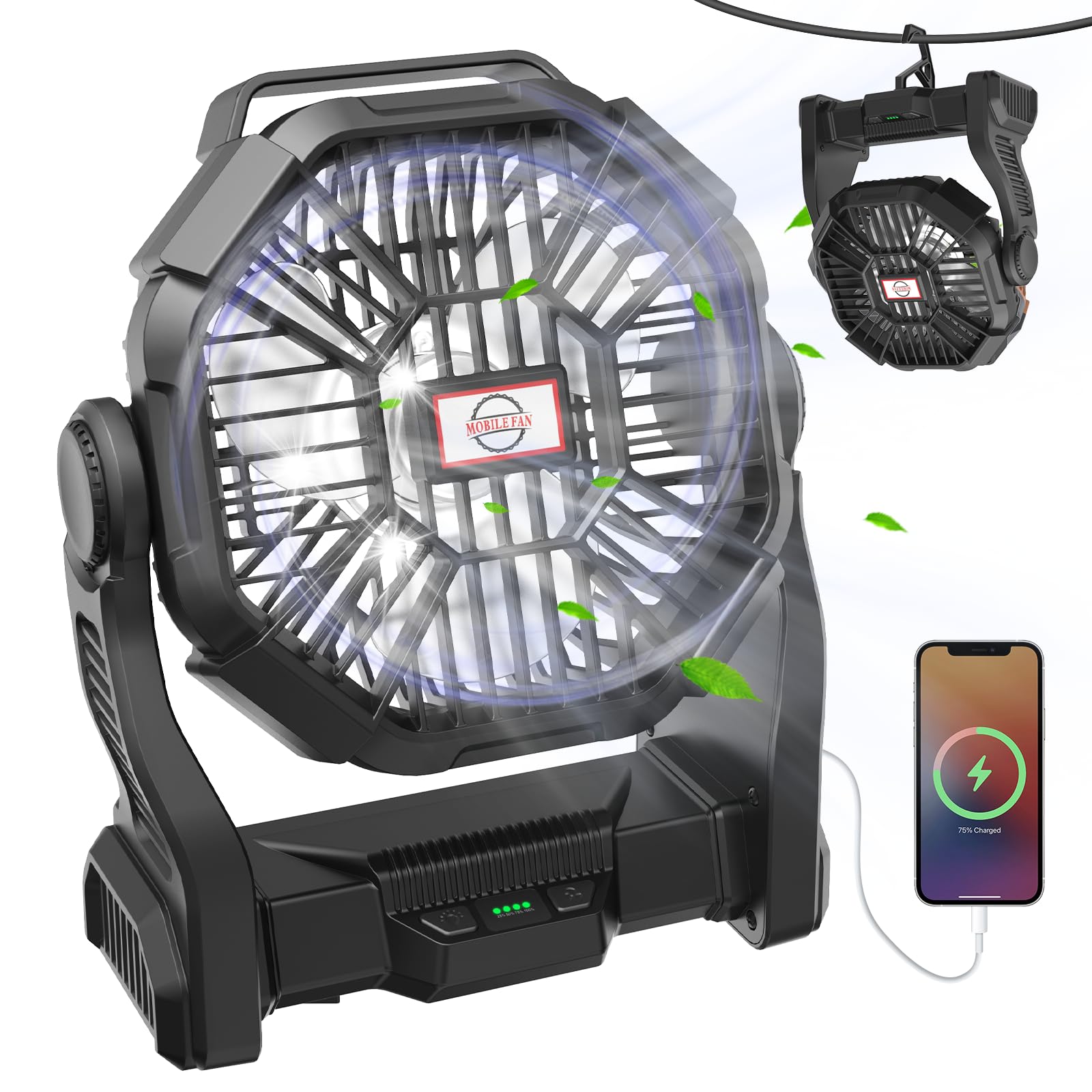 Camping Fan with LED Lantern, Rechargeable Portable Tent Fan with Brushless Motor, Quiet and Strong Wind, Hang Hook, Perfect Outdoor USB Fan for Picnic, Barbecue, Fishing