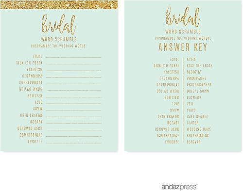 Andaz Press Colección de boda con estampado de purpurina dorada verde menta, tarjetas de juego para despedida de soltera, paquete de 20