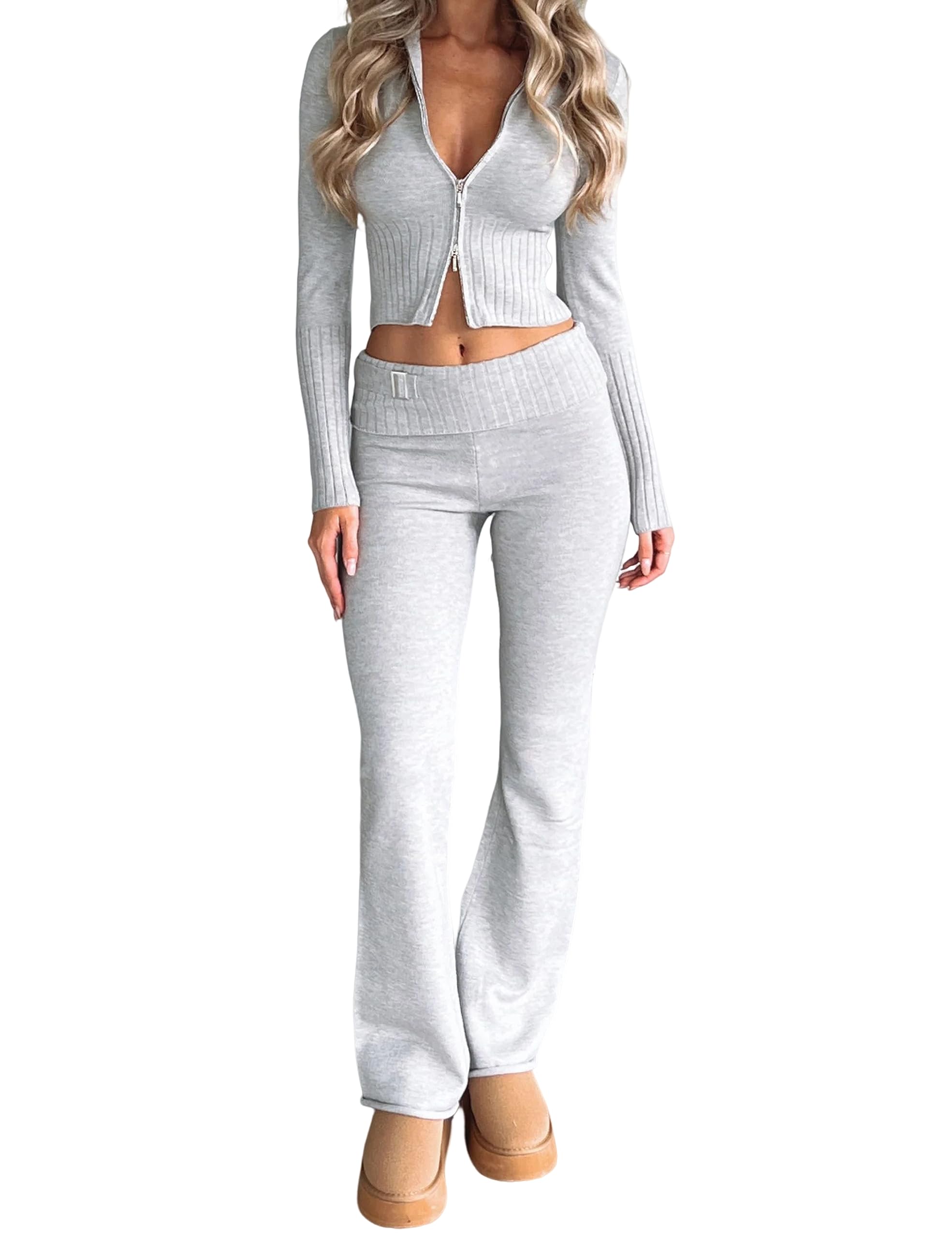 Springrain Women Sweater Sets 2 Piece Lounge Sets Ribbed Zip Hoodie Knitted Outfits