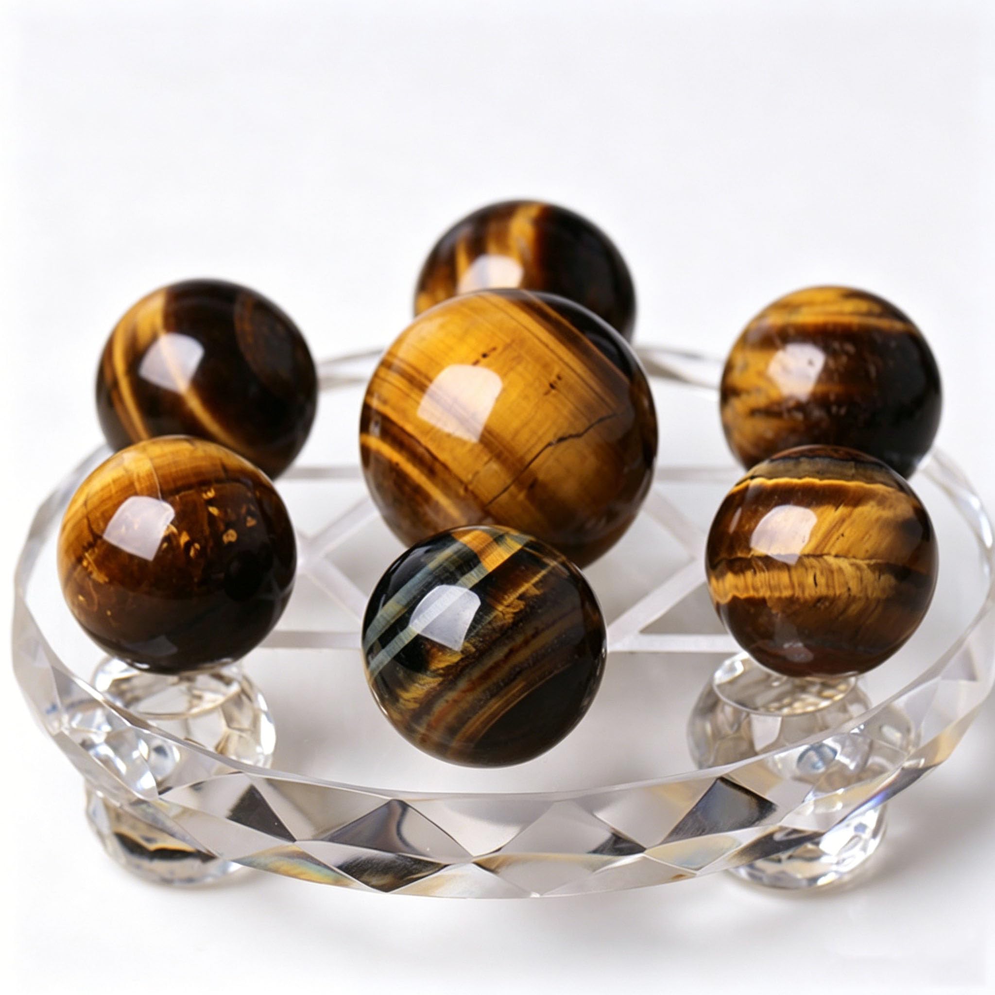 HHCTEBEC 7 Natural Tiger's Eye Crystal Spheres with Stand,Seven Star Chakra Set for Meditation, Feng Shui,Energy Balance, Home Office Decor & Gift,10cm