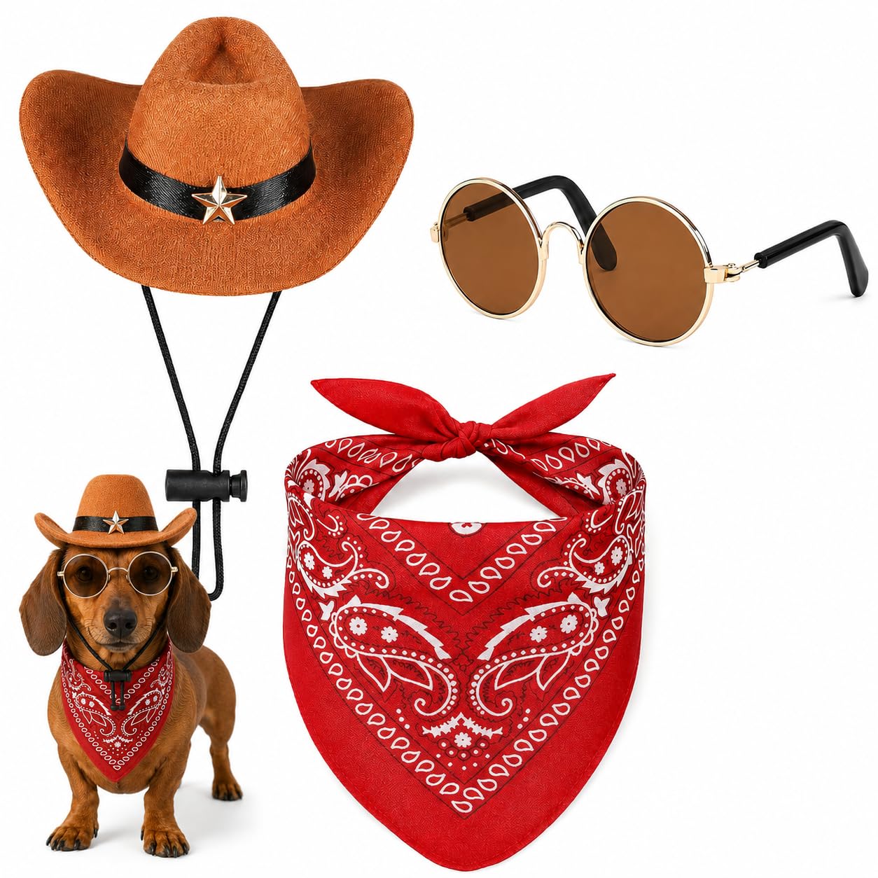PCIQUTE Pet Western Cowboy Hat Accessories, Mini Cowboy Hat with Red Bandana Scarf and Sunglasses for Small Dogs and Cats Cosply Birsthday Party