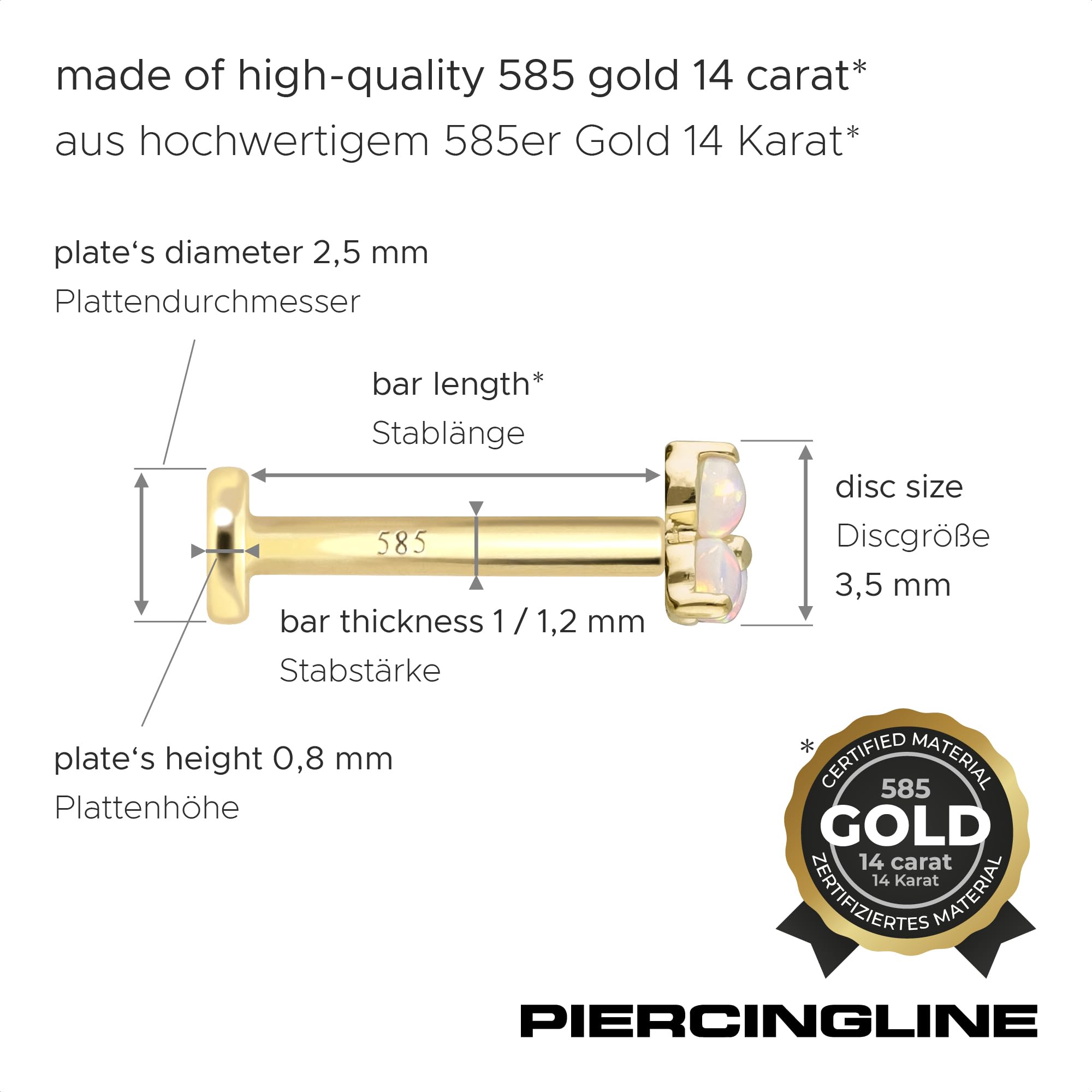 PIERCINGLINE 14 Karat Gold Ohr-Piercing Labret mit Innengewinde BLUME + 3 SYNTHETISCHE OPALE Farb & Größenauswahl
