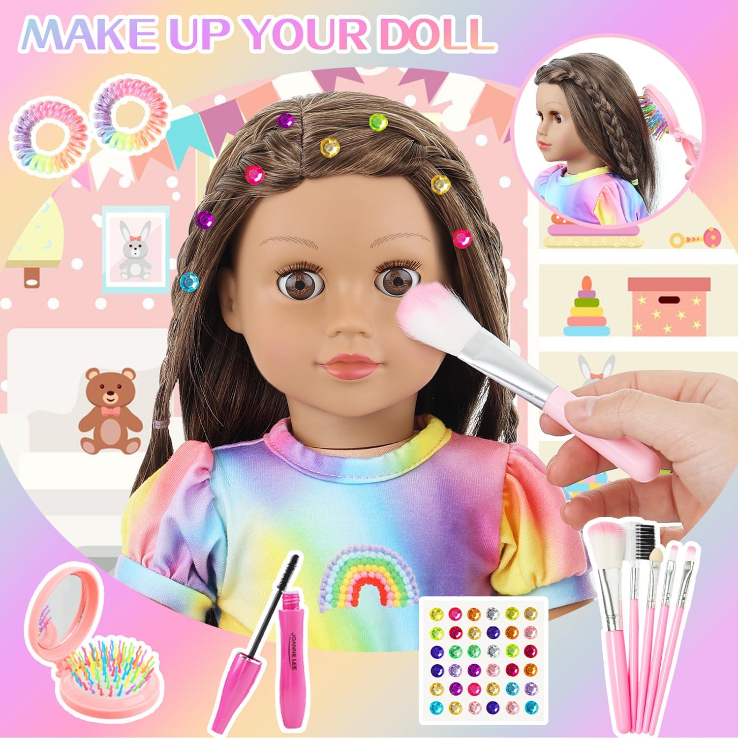 K.T. Fancy 18 Inch Doll Clothes and Accessories - Dress Makeup Set -Included Skirt, Backpack, Headband, Cosmetic Brush, Mini Phone, Mini Comb, Stickers & Shoes（NO Doll）