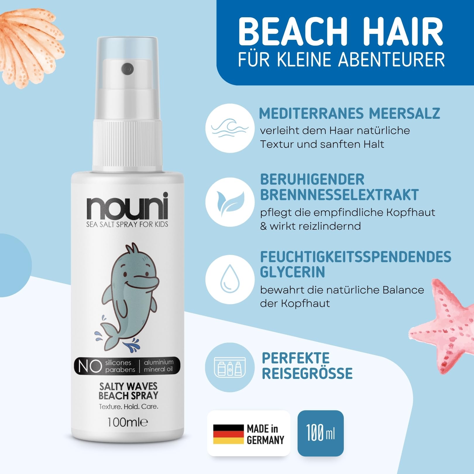 Sea Salt Spray dla dzieci – spray do stylizacji naturalnych fal plażowych – z solą morską i gliceryną – bez perfum, wegański, bez silikonów – lakier do włosów dla wrażliwych włosów dzieci – 100