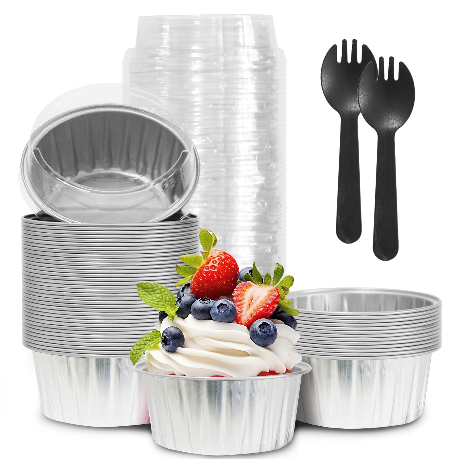 Photo 1 of 50Pcs Mini Aluminum Foil Cupcake,5oz Baking Cups with Lids,Mini Cake Pans Disposable,Loaf Pans with Lids,Disposable Ramekins,Tin Cups Containers for Cupcake,Pudding,Muffin,Cheesecake (Silvery)
